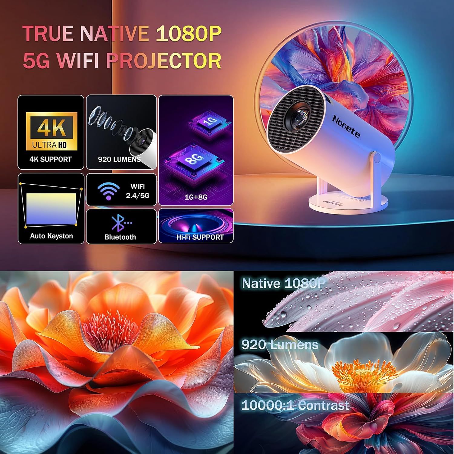 Mini Projector 1080P, 4K Projector Full HD with WIFI 6 and Bluetooth 5.2, Support 180° Rotatable Portable Projector with Auto Keystone Correction, Built-in App Compatible with Phone/HDMI/USB-White - Image 5