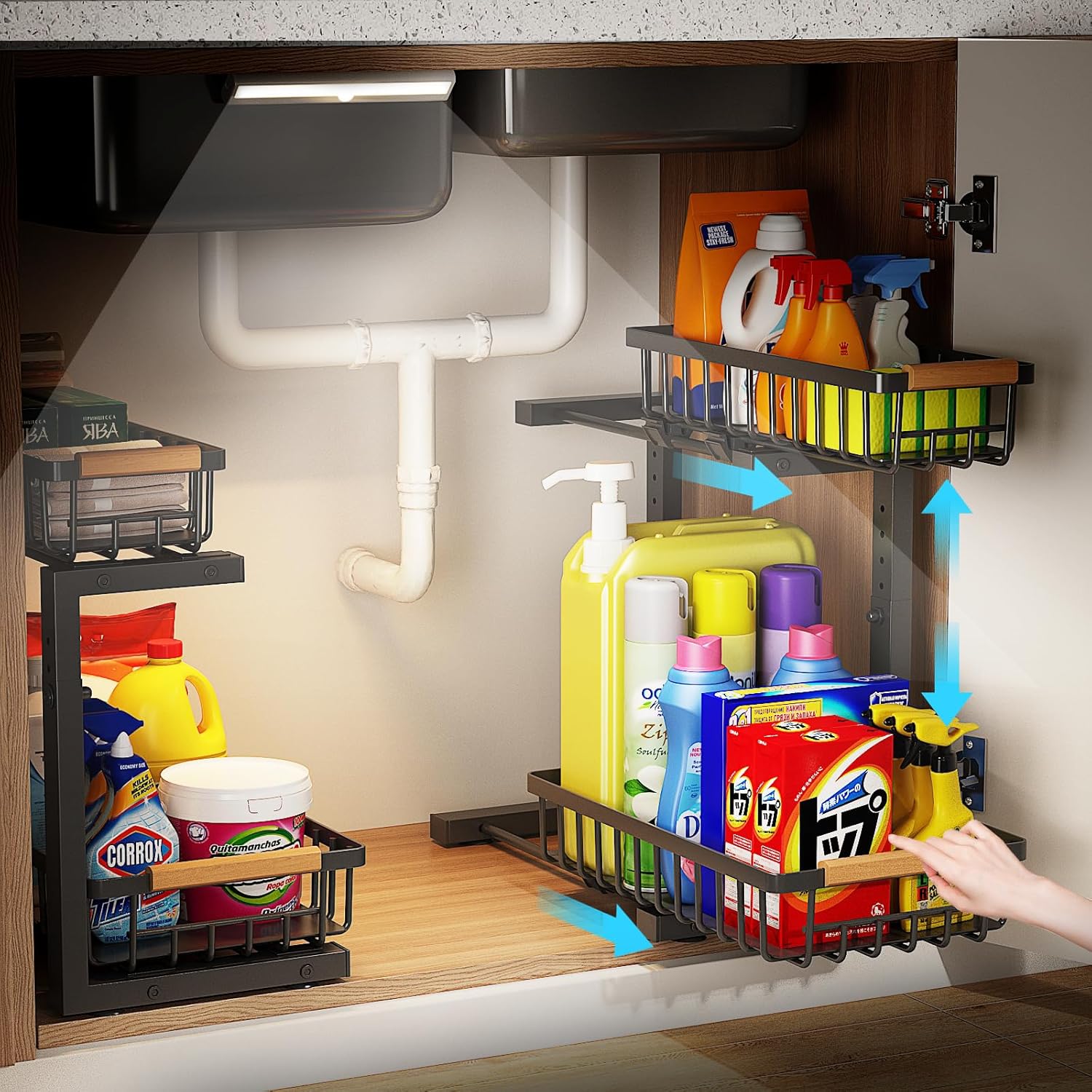 Metal Under Sink Organizer with Cabinet Light, 2 PCS Height Adjustable (10.1"-13.3") Bathroom Organizers and Storage, 2 Tier Pull Out Cabinet Organizer Drawers, Under Sink Storage Shelves for Kitchen - Image 2