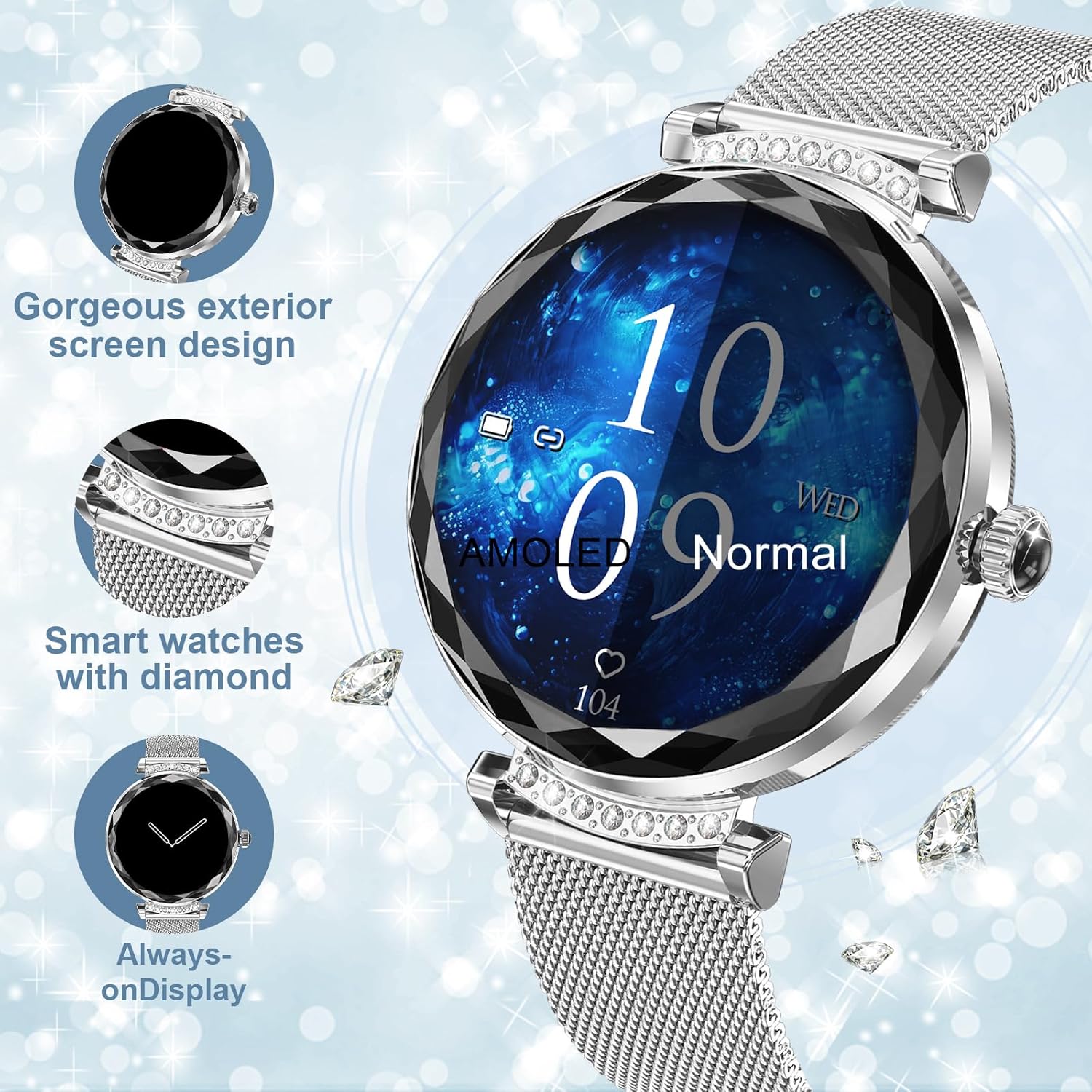 Smart Watches for Women Answer/Make Call, 1.19" AMOLED Smartwatch with Bluetooth for Android iOS Phones, IP68 Waterproof Fitness Tracker with Heat Rate Blood Pressure, 120+ Sports, Silver - Image 4