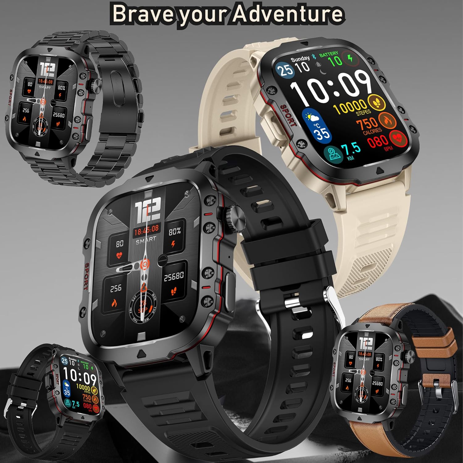 Military Smart Watch for Men(Answer/Dial Calls), 5ATM Waterproof Smartwatch Fitness Tracker for Android iPhone, 1.96" Activity Tracker with Heart Rate Sleep SpO2 Monitor, Calorie, 3 Straps (Brown) - Image 3