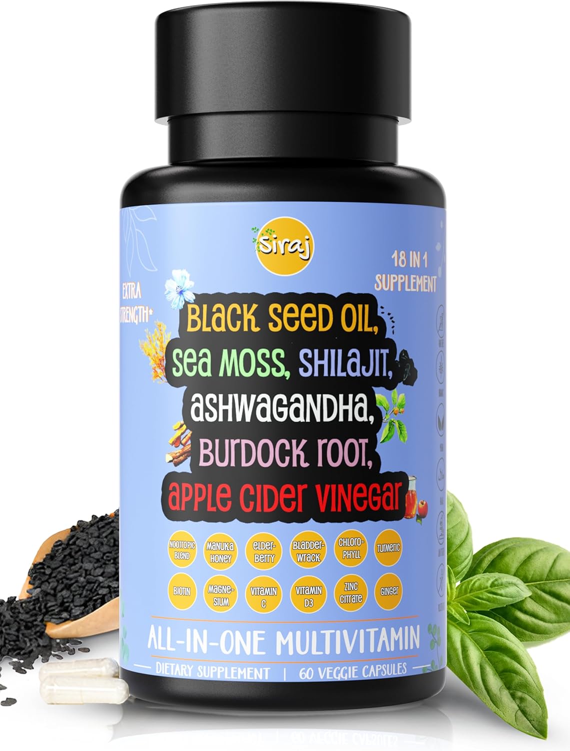 Black Seed Oil, Shilajit, Sea Moss, Ashwagandha, Turmeric, Bladderwrack, Burdock, Elderberry, Vitamin C, Vitamin D3, Vitamin B, Manuka Honey, Nootropic Formula (Vitamin B Complex and L-Theanine) - Image 2