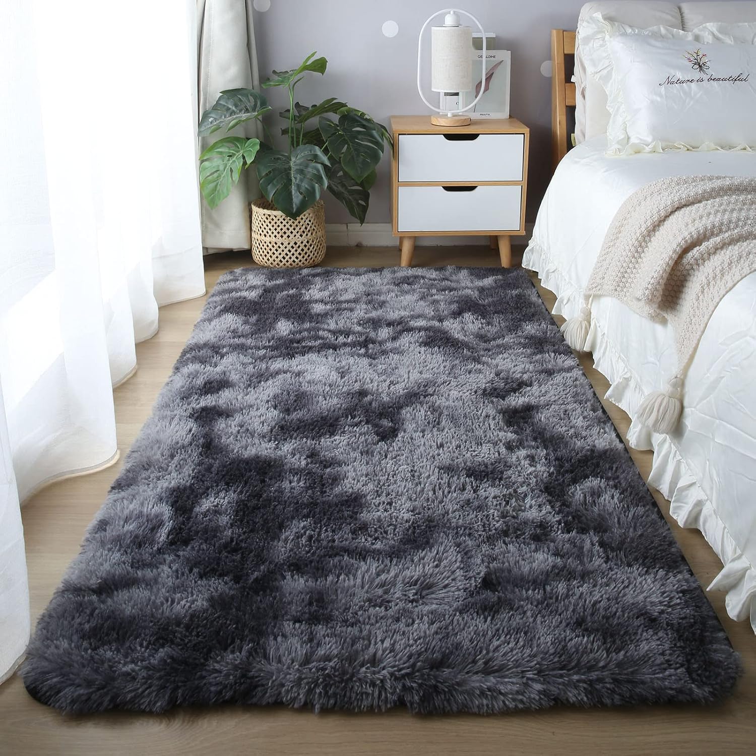 Grey Fluffy Area Rug 5x7 - Ultra Soft Shag Plush Rugs for Bedroom Living Room, Indoor Non-Slip Modern Nursery Faux Fur Floor Carpet for Kids Room,Tie-Dyed Dark Gray, - Image 3