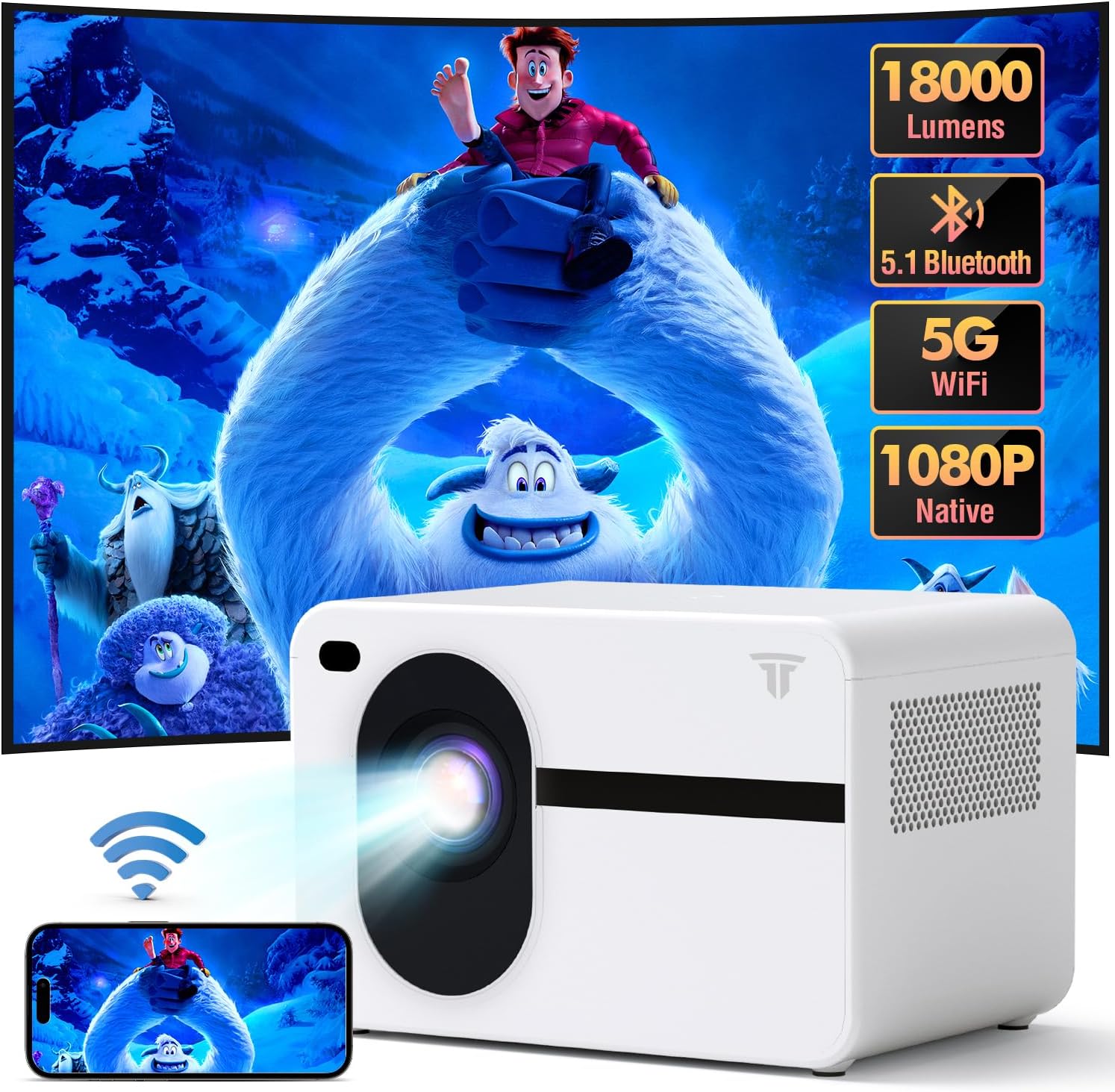 Projector with Wifi and Bluetooth, 500 ANSI Mini Projector Electric Focus Projector,Portable Projector 18000L Max 200" Projector, Outdoor Projector Compatible with iOS/Android/HDMI/USB(white) - Image 2