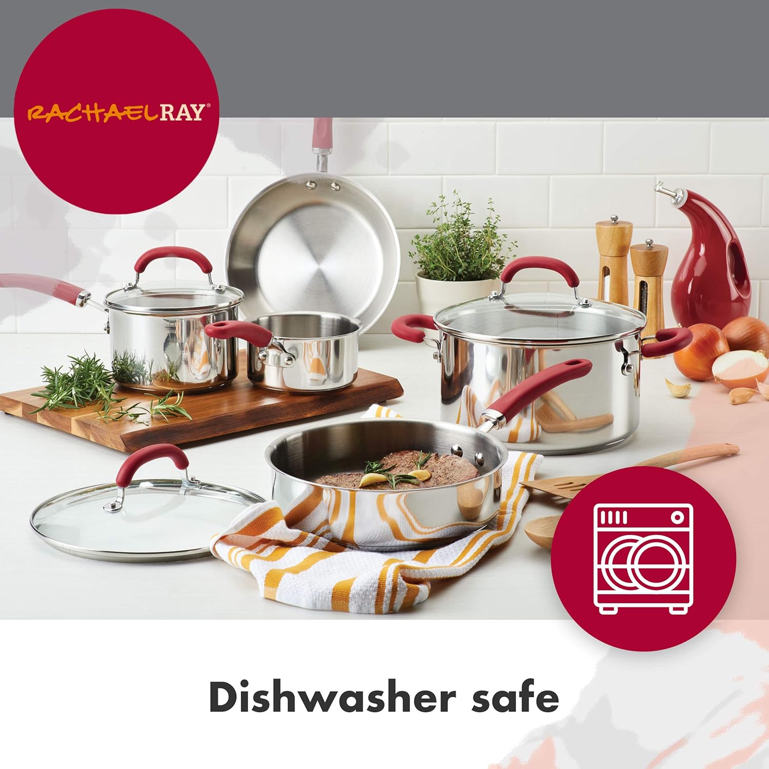 Rachael Ray Create Delicious Stainless Steel Cookware Set, 10-Piece Pots and Pans Set, Stainless Steel with Red Handles - Image 7