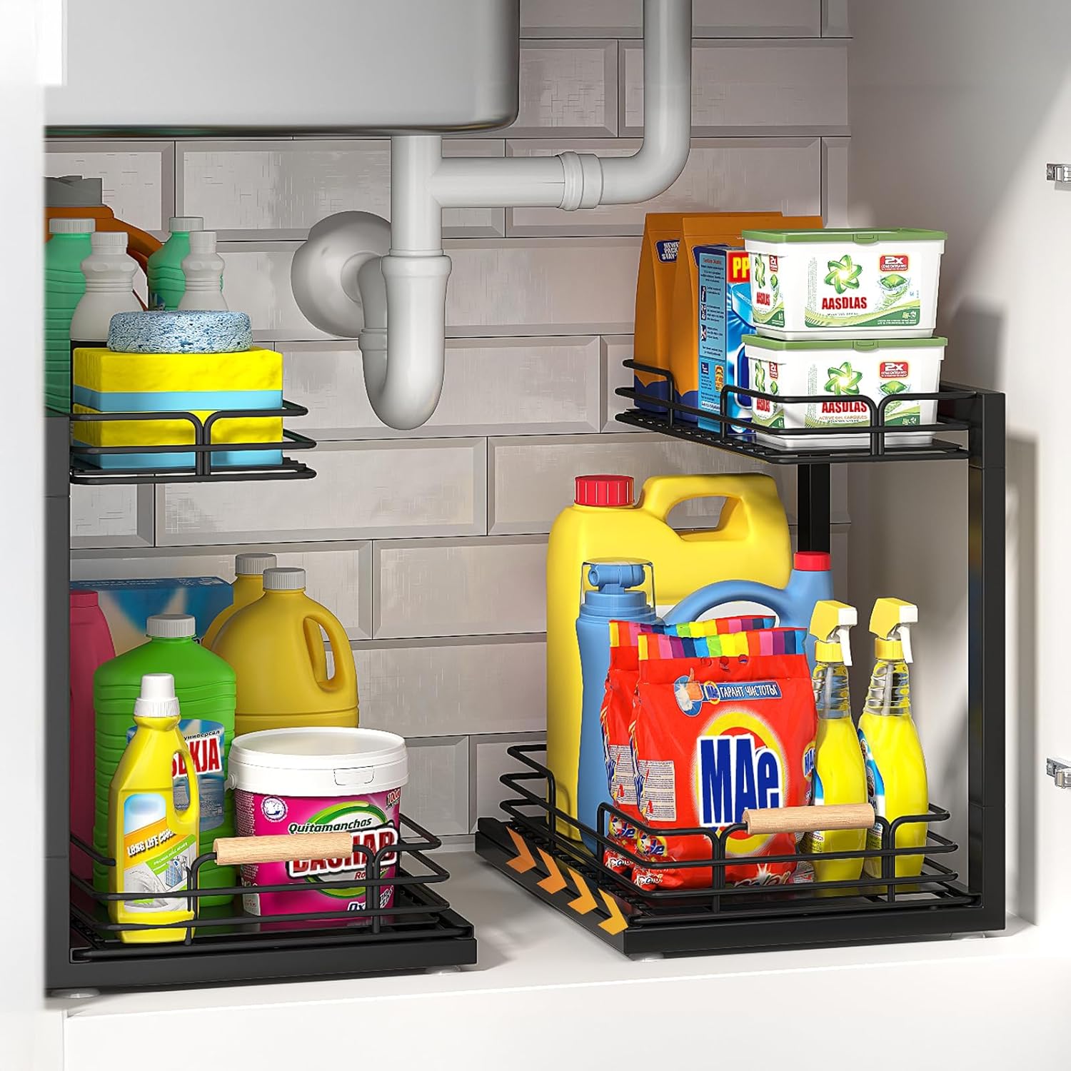 Under Sink Organizer, 2 Tier Under Sink Organizers and Storage, Under Sink Storage Shelves Metal Sliding Drawer for Kitchen Pantry Cabinet Closet, Black 2 Pack - Image 2