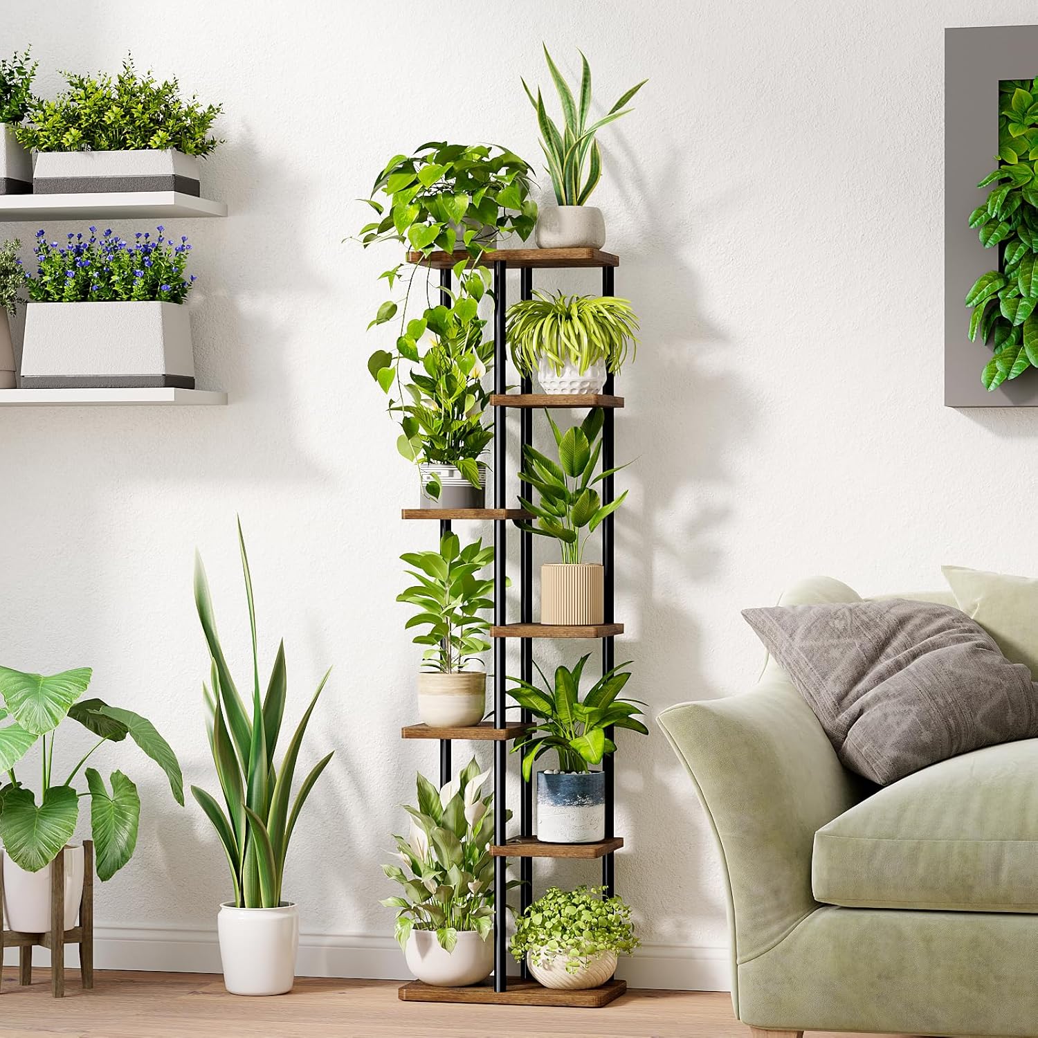 Bamworld Tall Plant Stand Indoor, 7 Tier Metal Plant Shelf for Multiple Plants, Tiered Flower Pot Stands for Patio Garden Balcony Living Room Bedroom, Brown - Image 5
