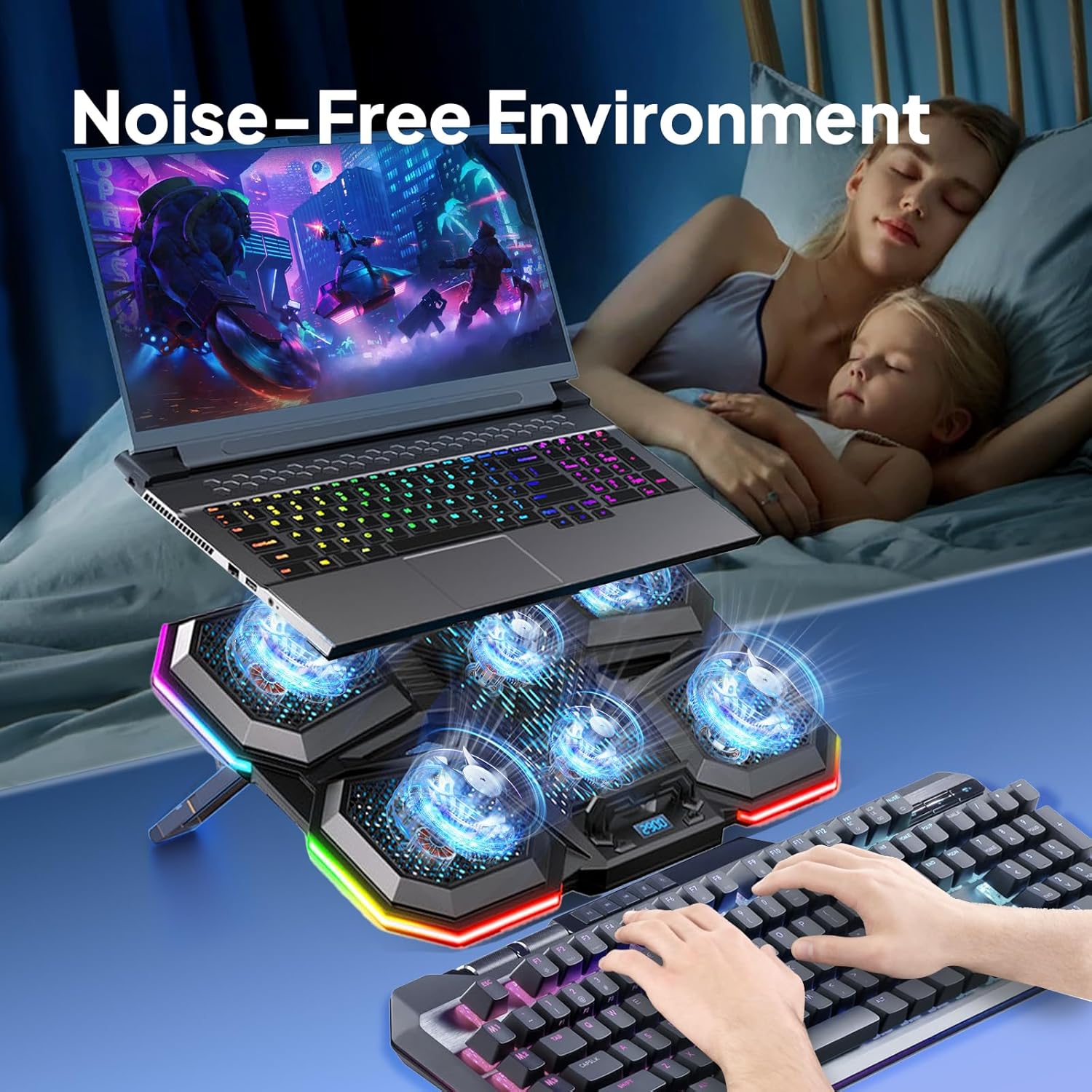 Laptop Cooling Pad Gaming Laptop Cooling Laptop Cooler Stand with 6 Cooling Fans, Laptop Stand Gaming, 7 Height Adjustable 12 RGB with 2 USB Silent Laptop Fan Cooling Pad for 12-17.3 Inch - Image 7