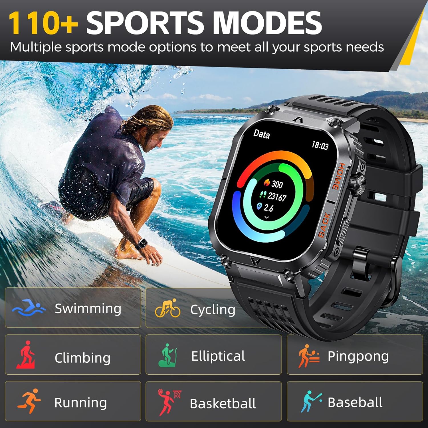 Military Smart Watch for Men with Call Compass 2.02" Big Screen Rugged Outdoor Tactical Smartwatch 5ATM Waterproof Fitness Watch with Heart Rate Blood Pressure Monitor for iPhone Android Phone - Image 4