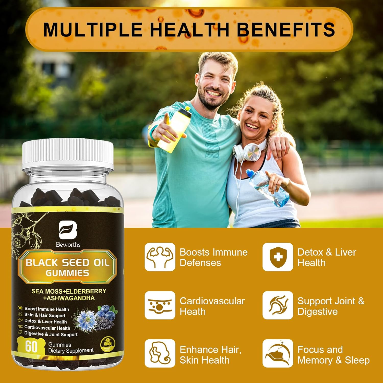Black Seed Oil & Sea Moss Gummies, 2Pack Irish Sea Moss Gummies with Black Seed Oil, Ashwagandha Extract, Elderberry, Turmeric, Vitamin C, Vitamin D3 - Immune Support, Joints, Digestion, Hair & Skin - Image 5