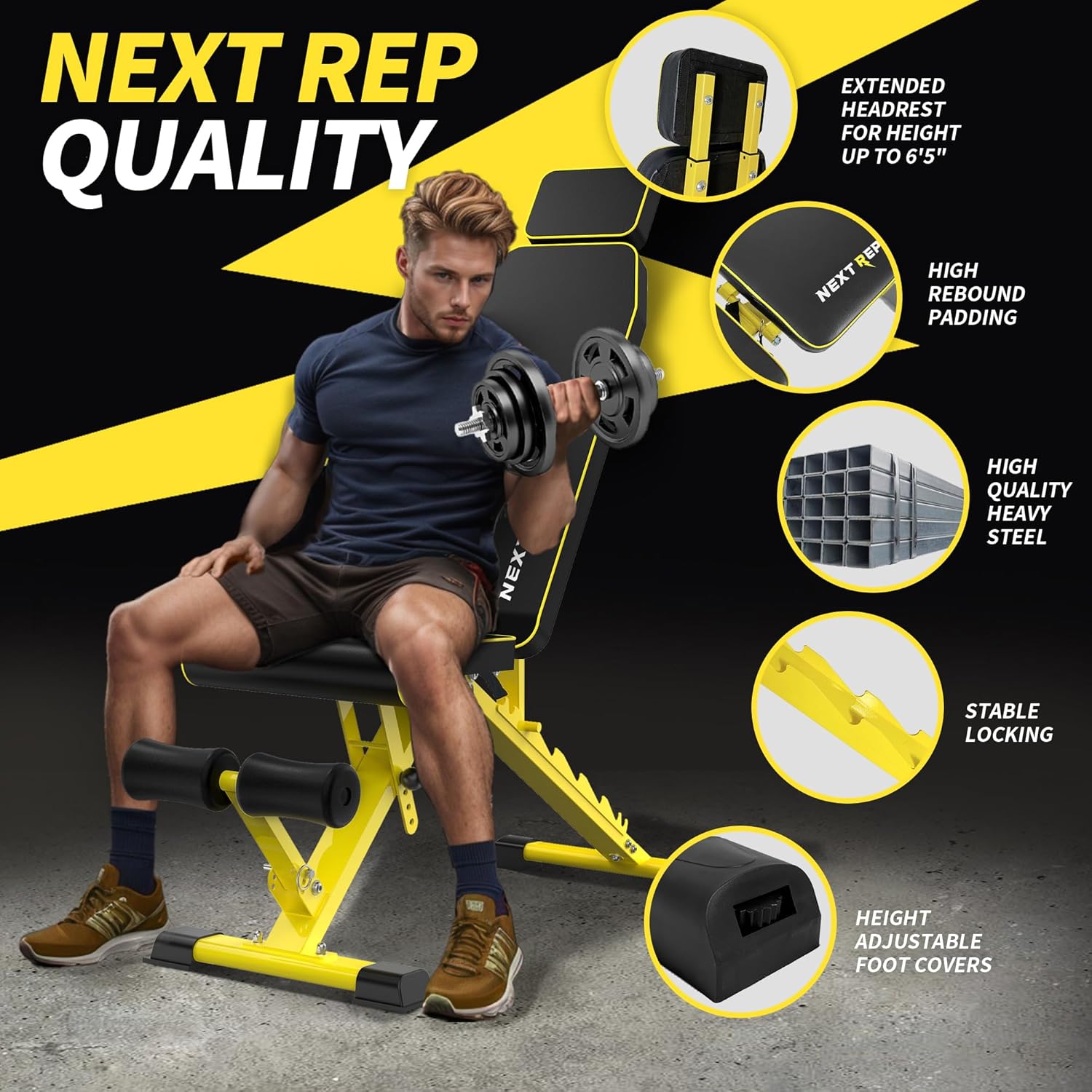 Adjustable Weight Bench,1000 LB Fast Folding Workout Bench for Home Gym Strength Training, Incline Decline Flat Utility Bench Press for Full Body Workout, Upright Storage Yellow Exercise Bench - Image 7