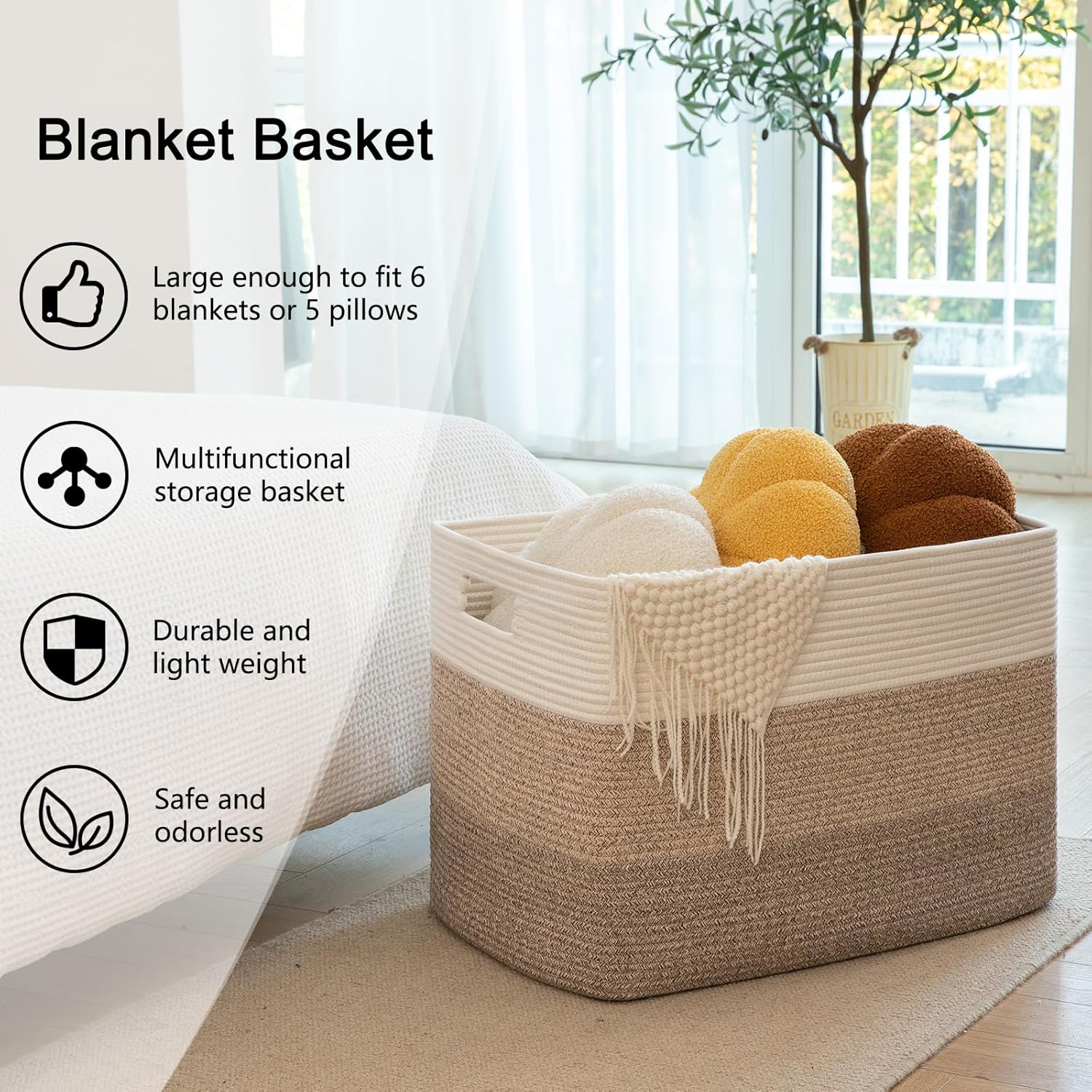 OIAHOMY 108L Super Large Blanket Basket, 25”x16”x16”(108L) Rectangle Woven Baskets for Storage, Cotton Rope Basket For Living Room, Toy Basket with Handle, Basket for Organizing- Gradient Brown - Image 5