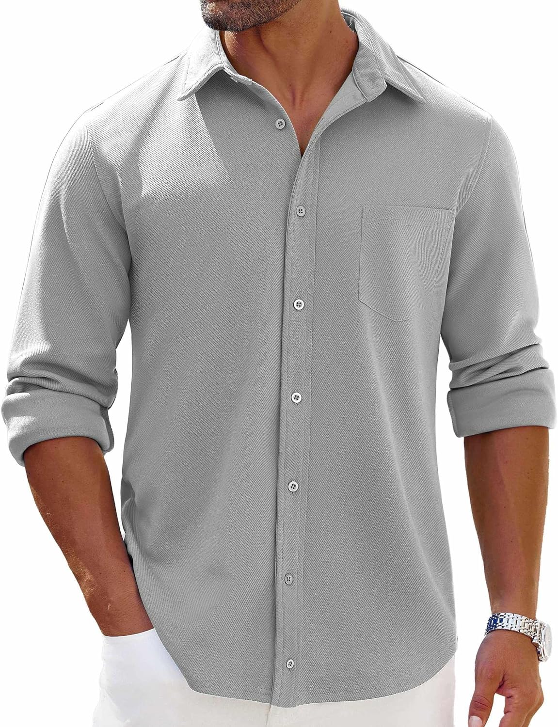 COOFANDY Mens Long Sleeve Button Down Shirts Wrinkle Free Shacket Jacket Stretch Casual Overshirt - Image 2