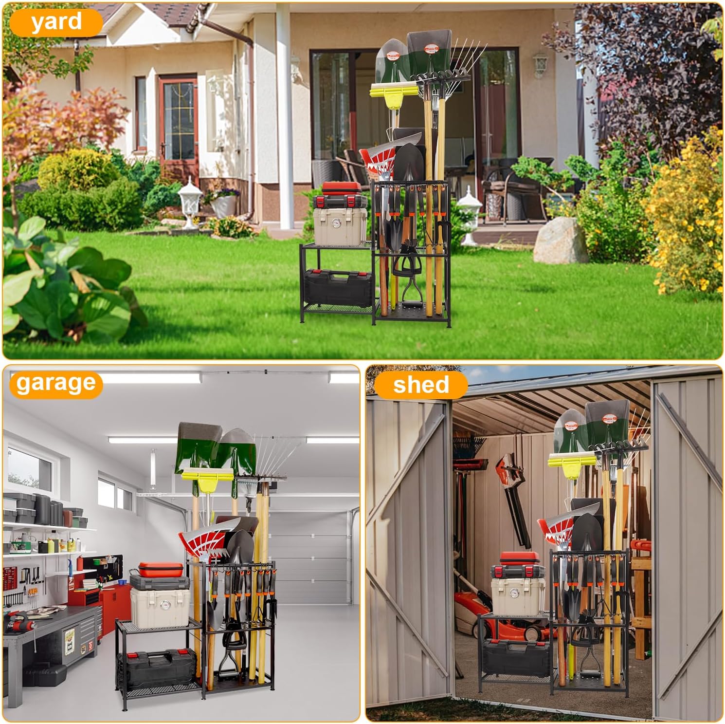 Garden Tool Organizer,Garage Tool Organizer,with 2-Tier Metal Shelves,Heavy Duty Steel Garden Tool Organizer for Garage,Up to 45 Long-Handled Tools, Yard Tool Organizer for Garage,Garden Tool Rack - Image 8