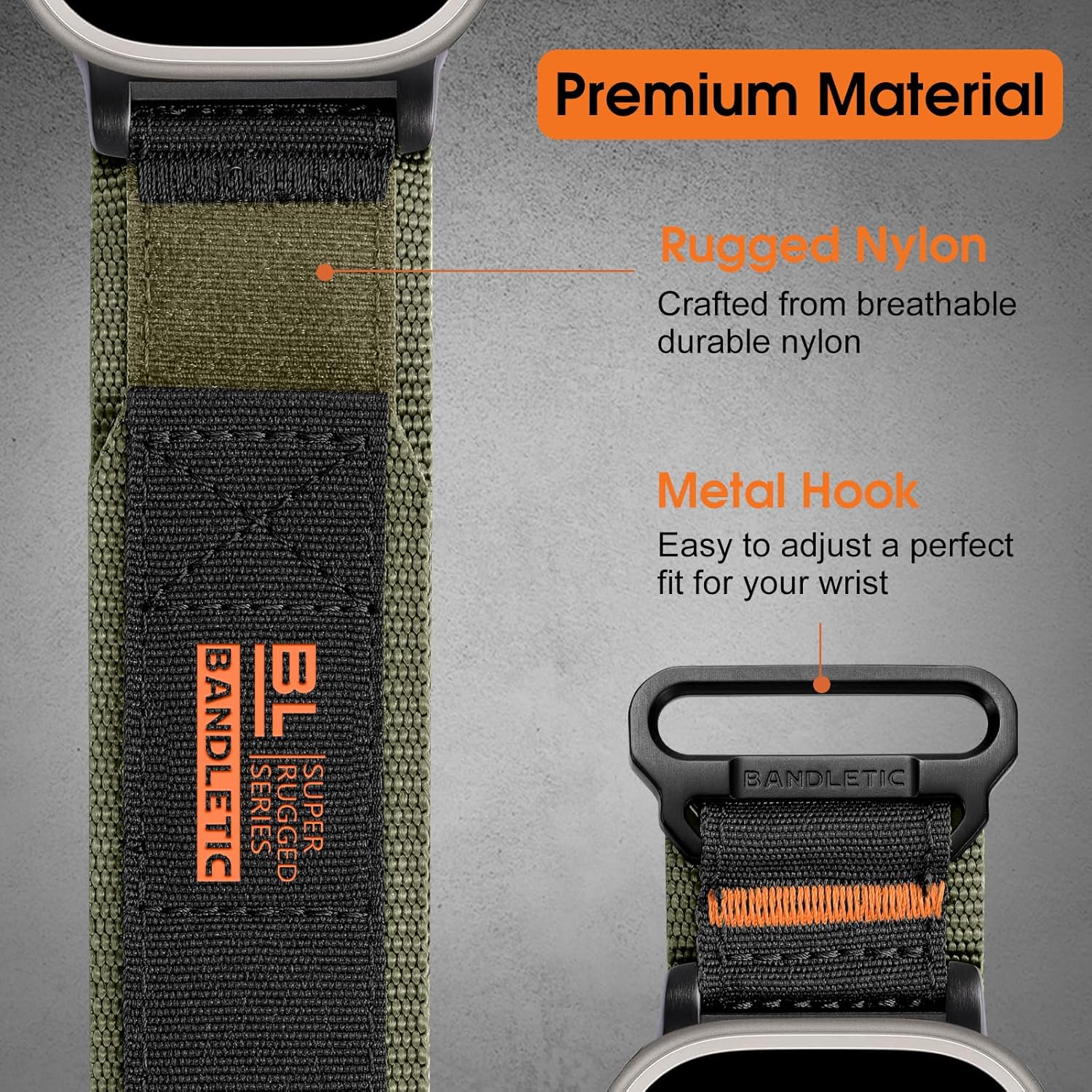 Rugged Nylon Bands Compatible with Apple Watch Ultra 2 Band 49mm Men, Tactical Military Adjustable Woven Sport Loop Strap for iWatch Series 10 46mm, 9 8 7 45mm, SE 6 5 4 44mm, Black/Green - Image 4