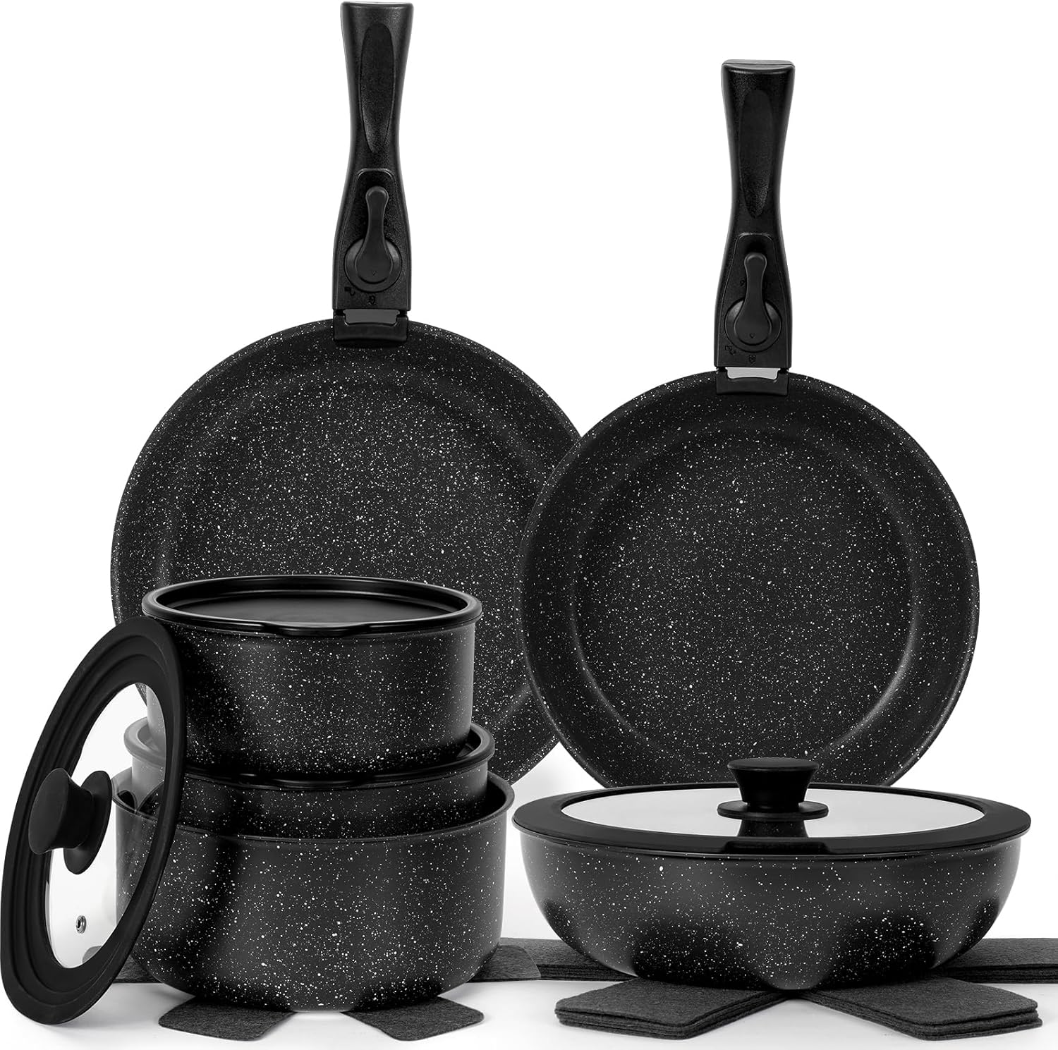 17 Pcs Pots and Pans Set Non Stick, Cookware Sets with Detachable Handle, Nonstick RV Kitchen Cooking Tools Removable Handles, Oven Safe, Induction Fast, Stackable Induction Cookware, Black - Image 2