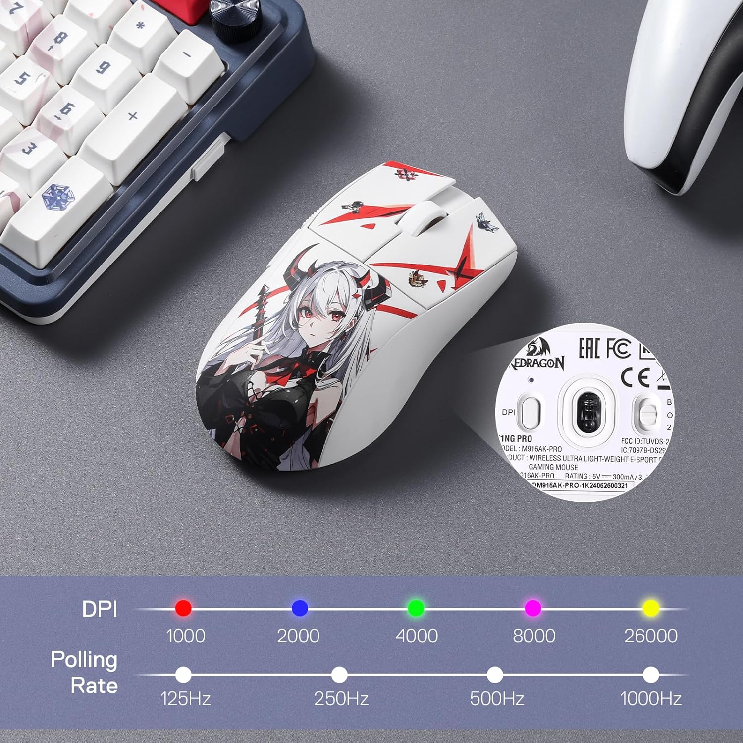 Redragon M916AK PRO 3-Mode Anime Gaming Mouse, 42G Ultra-Light 26K DPI Gaming Mouse w/Ergonomic Natural Grip Build, Full Programmable Buttons, Software Supports DIY Keybinds & DPI - Image 9