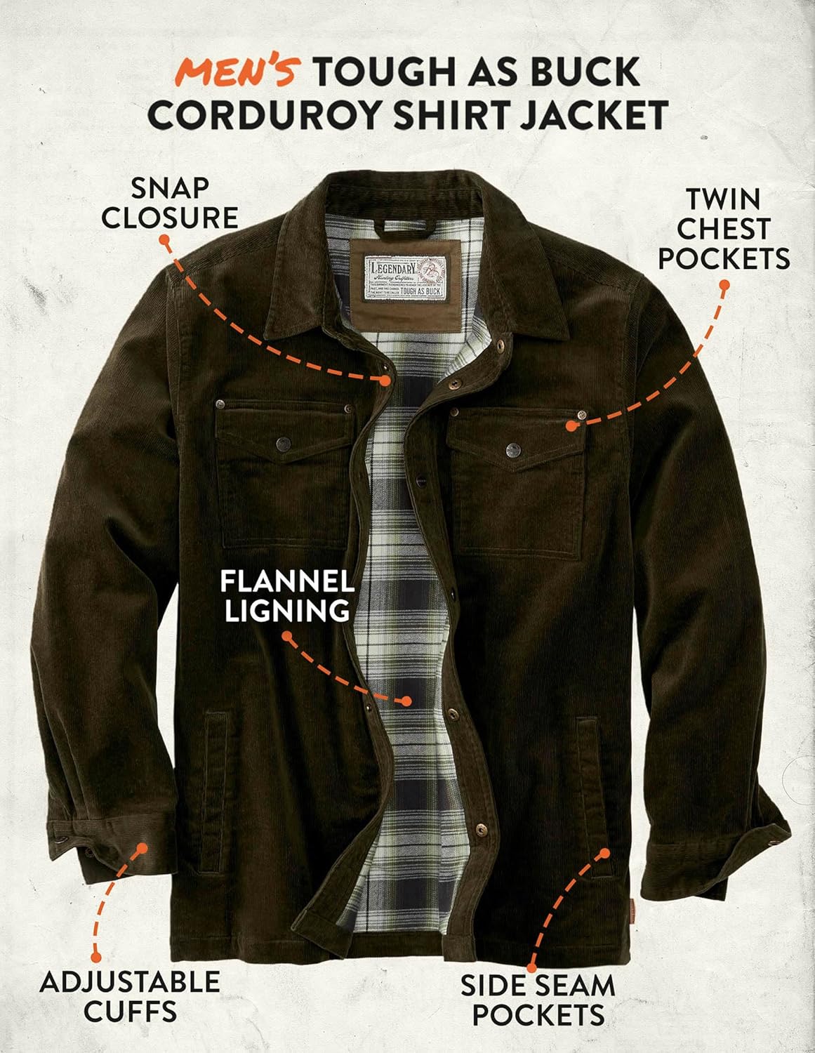 Legendary Whitetails Men's Tough as Buck Flannel Lined Corduroy Shirt Jacket - Image 4