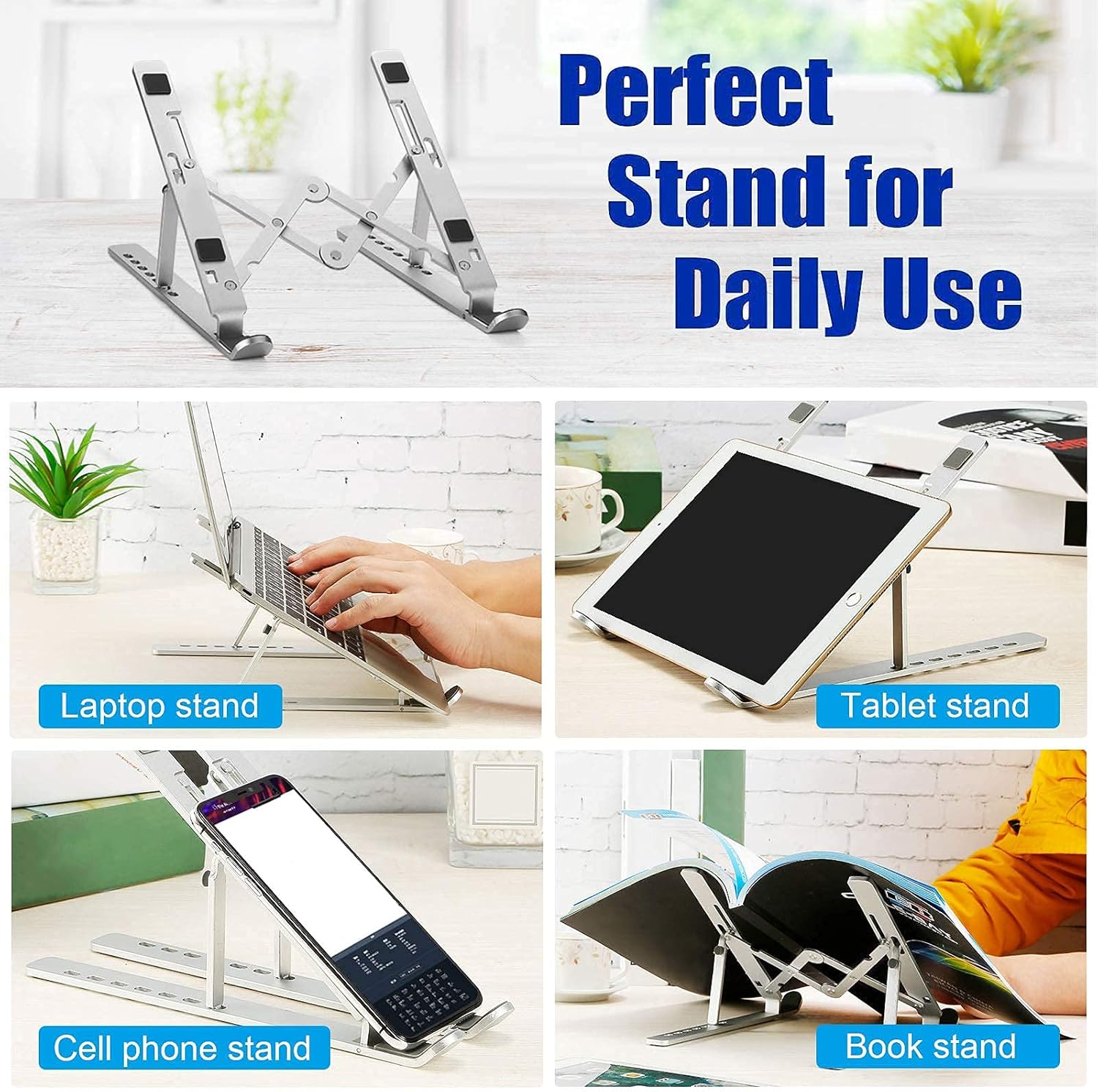 Laptop Stand, Laptop Riser Computer Stand for Desk, Adjustable Aluminum Foldable Portable Desktop Holder, Compatible with MacBook Air pro, iPad, Lenovo, 10-15.6” Laptop and Tablets (Silver) - Image 4
