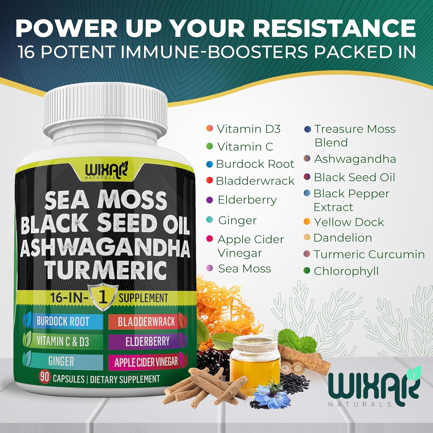 Wixar Sea Moss 3000mg Black Seed Oil 2000mg Ashwagandha 1000mg Turmeric 1000mg Bladderwrack 1000mg Burdock 1000mg & Vitamin C & D3 with Elderberry Dandelion Yellow Dock Chlorophyll ACV - 90 Capsules - Image 5