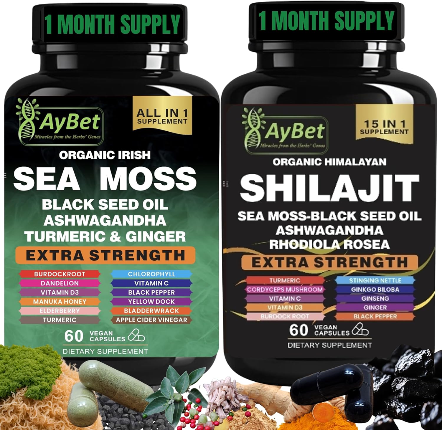 Sea Moss Shilajit Combo Bundle Capsule, Black Seed Oil, Ashwagandha, Rhodiola Rosea, Burdock, Turmeric, Ginger, VitC, VitD3, All in One Supplement, 120 Capsules, Halal, Vegan, USDA Organic - Image 2