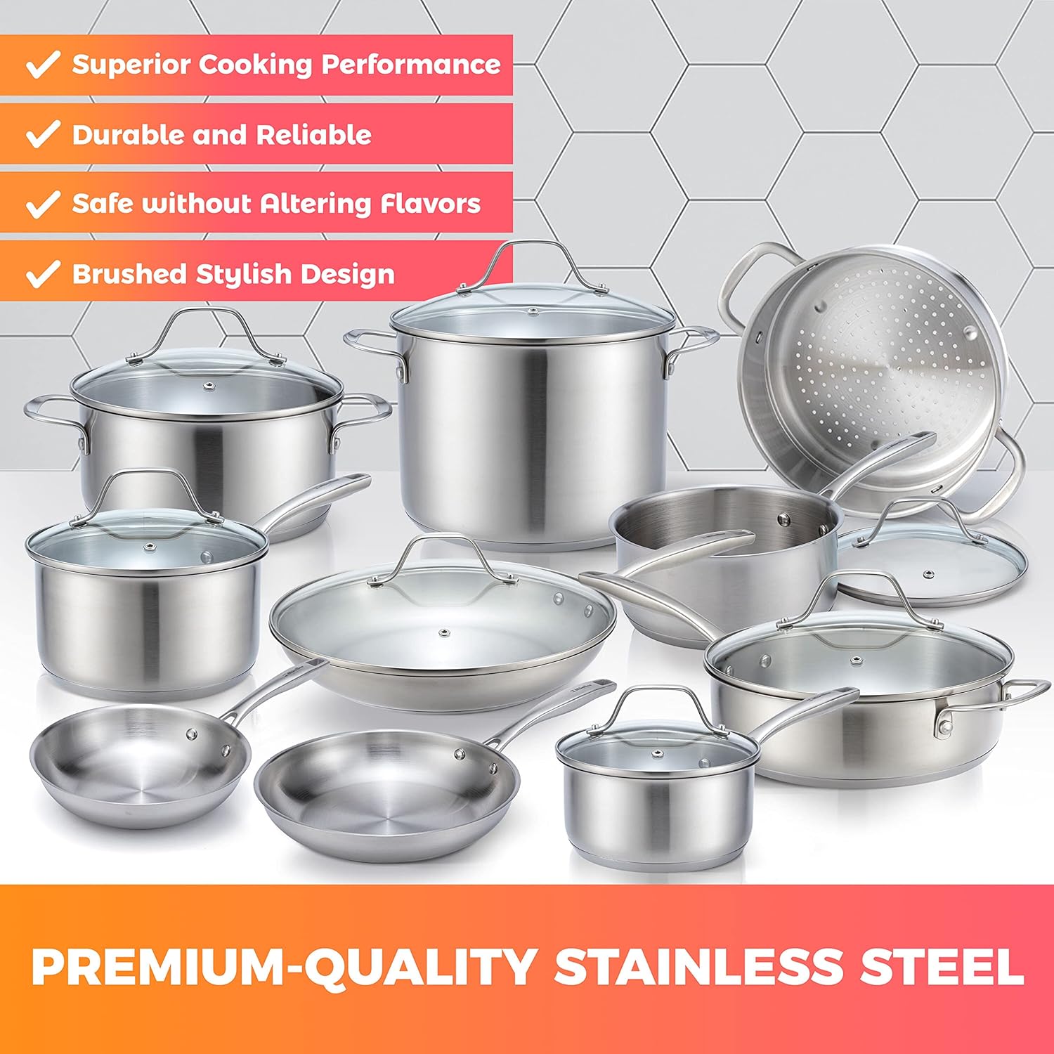 Mueller Pots and Pans Set 17-Piece, Ultra-Clad Pro Stainless Steel Cookware Set, Ergonomic EverCool Handle, Induction Cookware, Includes Saucepans, Skillets, Dutch Oven, Stockpot, Steamer For Cooking - Image 3