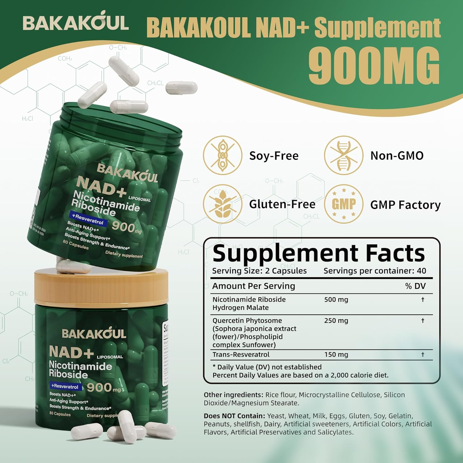 NAD Supplement - Liposomal Nicotinamide Riboside, Resveratrol, Quercetin, NAD Nicotinamide Riboside Resveratrol 900mg, NAD+ Supplement for Men and Women, 80 Capsules 1 Pack - Image 3