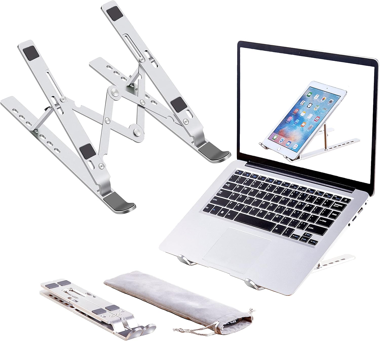 Laptop Stand, Laptop Riser Computer Stand for Desk, Adjustable Aluminum Foldable Portable Desktop Holder, Compatible with MacBook Air pro, iPad, Lenovo, 10-15.6” Laptop and Tablets (Silver) - Image 2