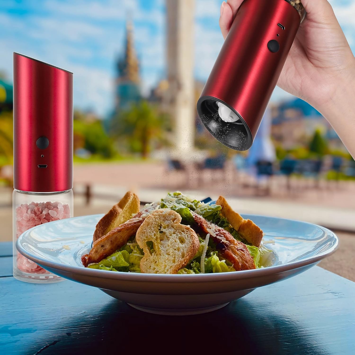 Vzaahu Gravity Electric Pepper and Salt Grinder Set of 2 - Rechargeable, Refillable, Adjustable Coarseness, Stainless Steel Seasalt Peppermill with LED light - One Hand Operation (Red) - Image 9