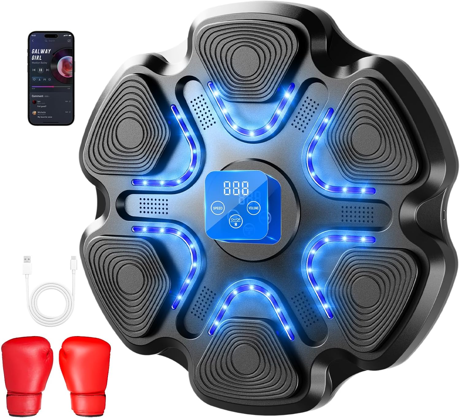 LED Music Boxing Machine, Smart Bluetooth Boxing Machine Wall Mounted with Boxing Gloves, 9 Modes & Speeds for Adults and Kids in Gym, Office, Home Indoor Music Boxing Target Trainer(Black) - Image 2