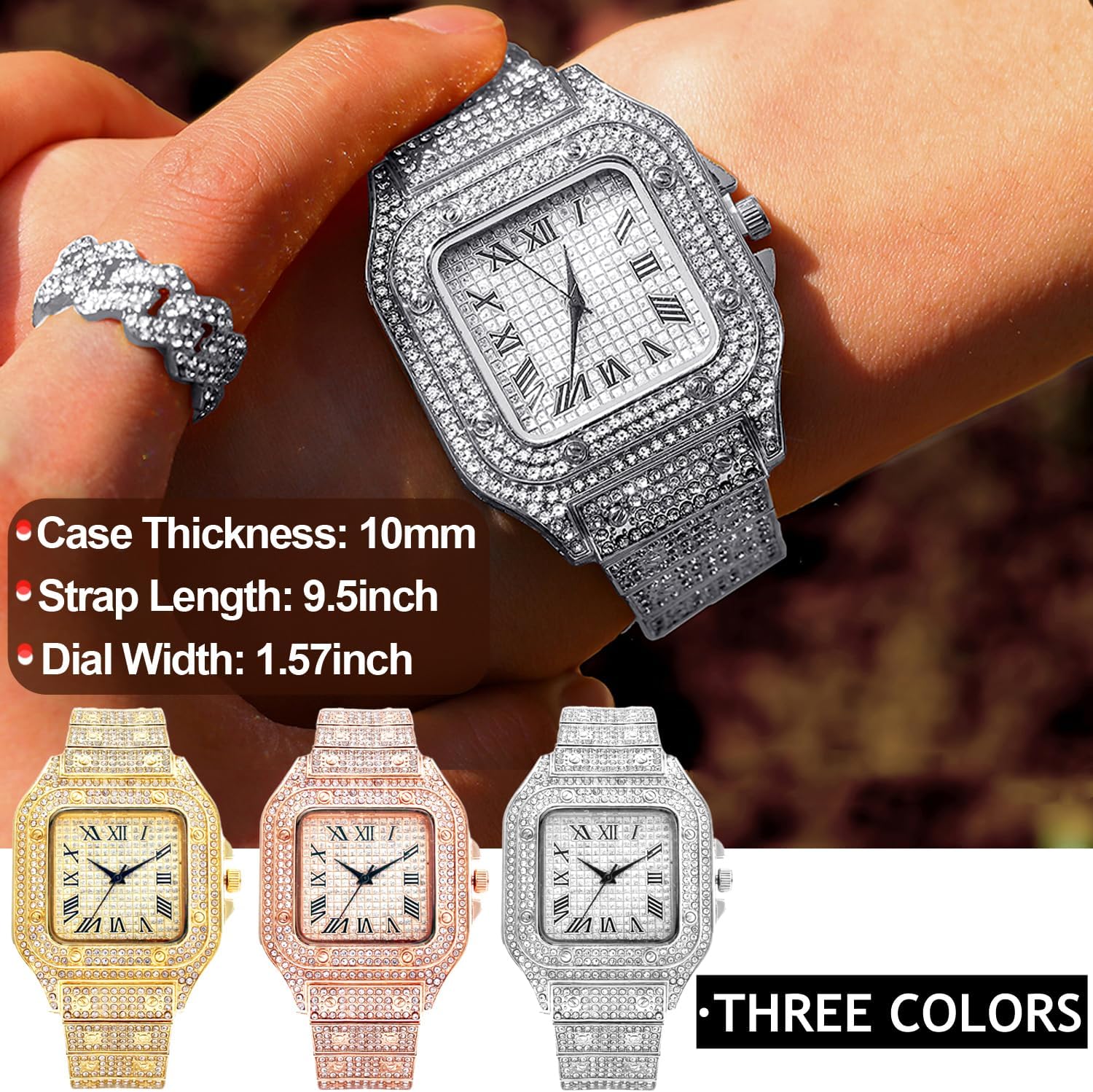 Apzzic Men’s Diamond Watch Iced Out Watchs CZ 18K Gold Plated Cuban Link Watch Square Dial Quartz Wristband Analog Wrist Watch for Men Women - Image 4