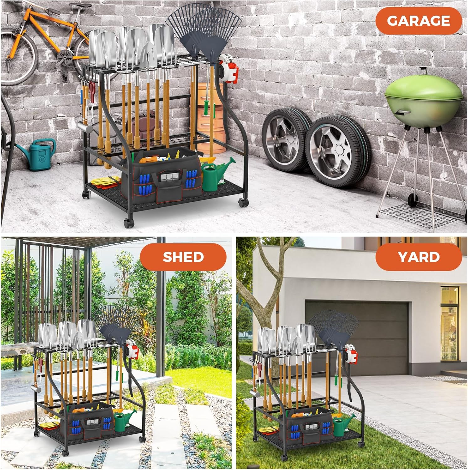 Garden Tool Organizer with Wheels, 3-Tier Yard Tool Storage with Hooks, Heavy Duty Steel Tool Rack Stand for Broom Shovel Long Handled Tools, Garden Tool Holder for Garage Shed Outdoor, Black - Image 3