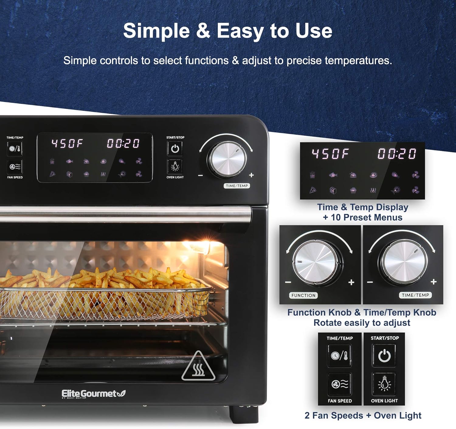 Elite Gourmet EAF9310 Digital Programmable Fryer Oven, Oil-Less Convection Oven Extra Large 24.5 Quart Capacity, fits 12" pizza, Grill, Bake, Roast, Air Fry, 1700-Watts, Black - Image 5