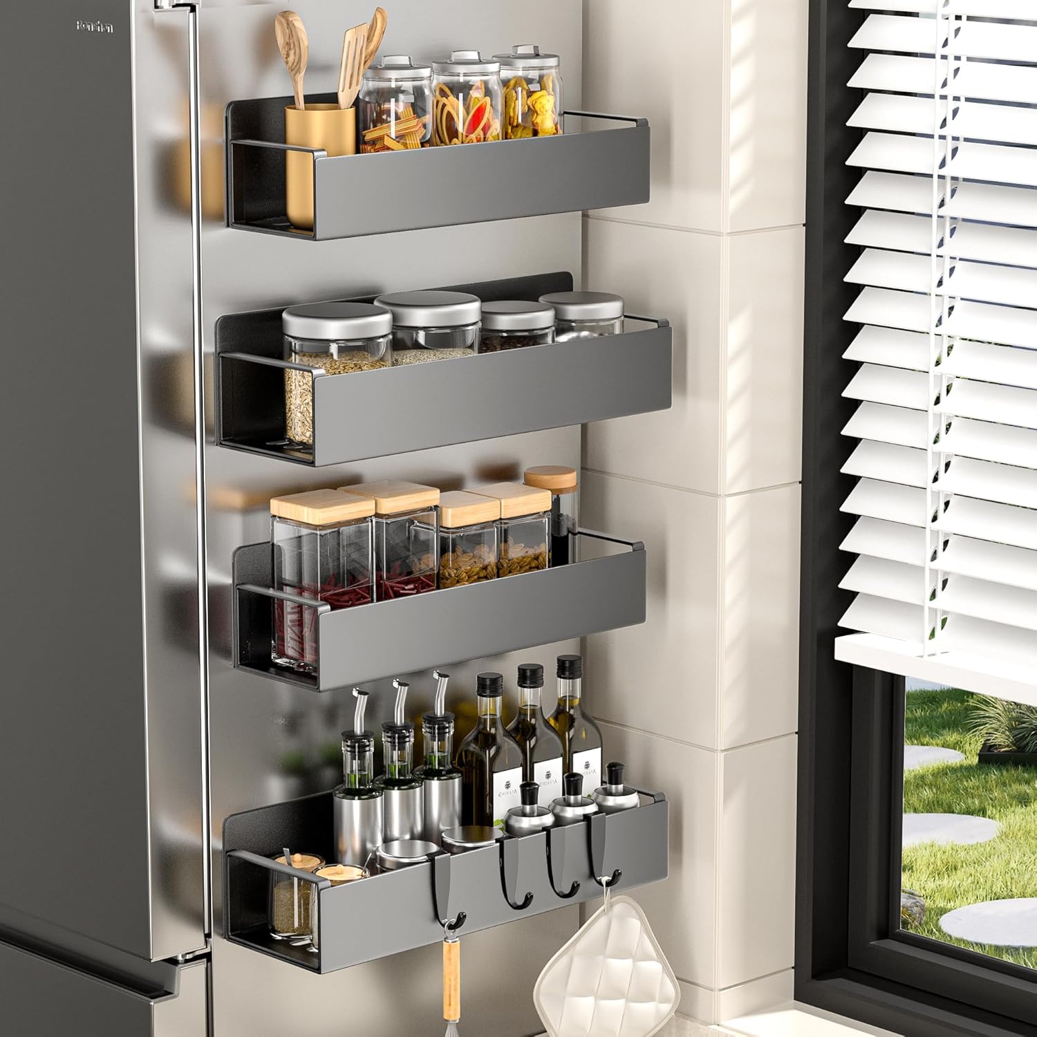 4 Pack Magnetic Spice Rack for Refrigerator, Black Magnetic Shelf for Kitchen Organizer and Storage, Mini Organizers for Oven and Fridge with 4 Hooks - Image 2