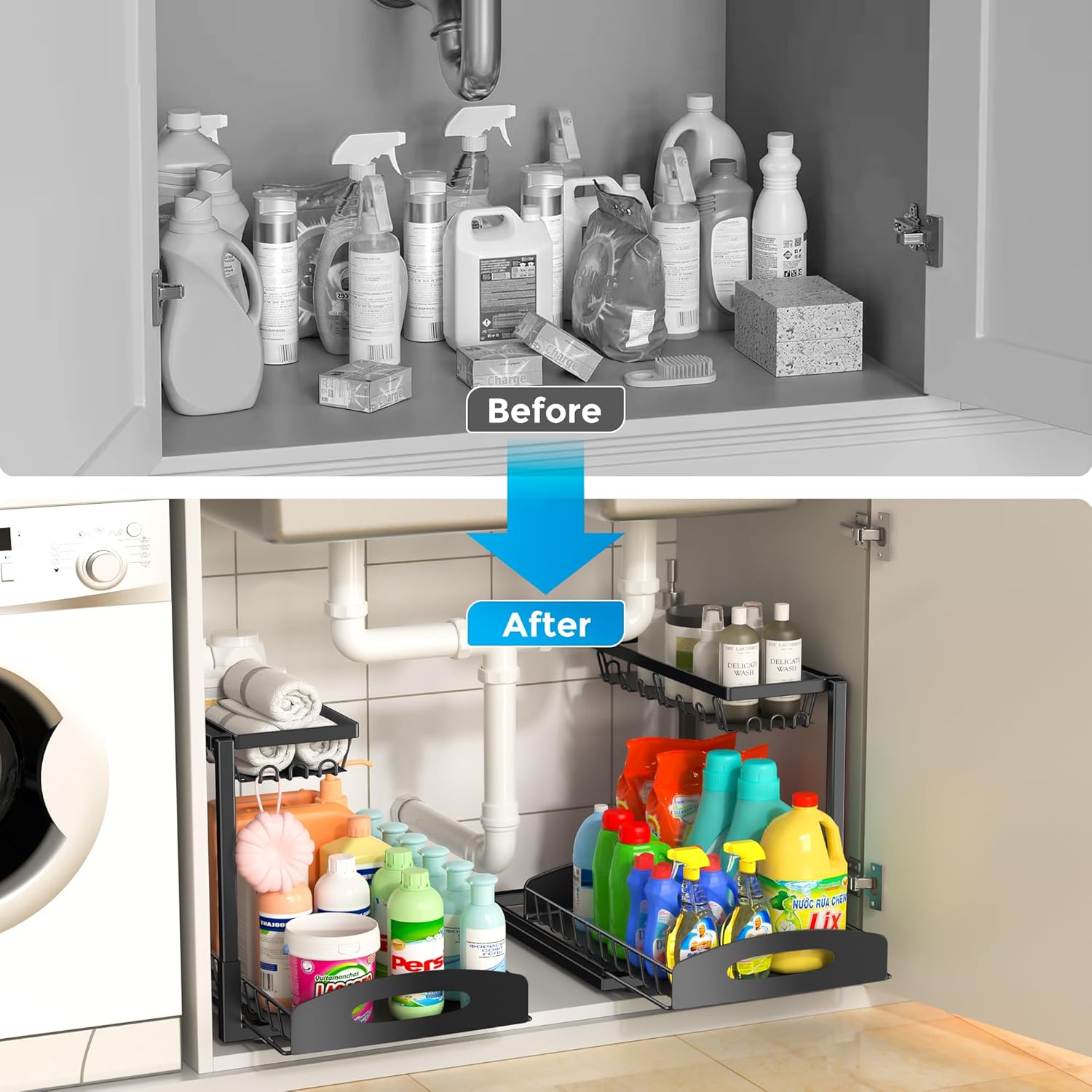 Under Sink Organizer, 2 Pack L-Shaped Bathroom Kitchen Organizers and Storage, Pull Out Sink Cabinet Drawer Shelf Pantry Organizer and Storage, Black - Image 4