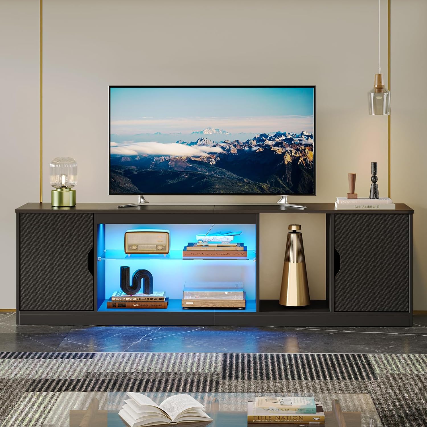 Bestier LED TV Stand for 65/75/80 inch TV, 70 inch Entertainment Center with Adjustable Glass Shelf & Storage Cabinet for PS5 Xbox, Modern TV Console Table for Living Room Bedroom, Black Carbon Fiber - Image 7