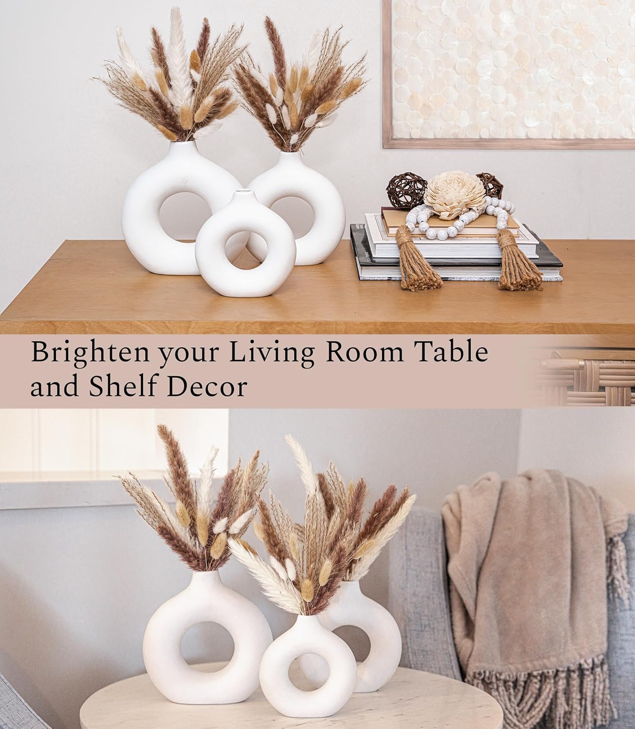 VELOVA Set of 3 White Ceramic Vase with 65 PCS Dried Pampas Grass Flowers Aesthetic Boho Modern Small Round Cute Vases for Decor Living Room Coffee Table Shelf Bedroom Office Desk Home Gifts Women Mom - Image 5