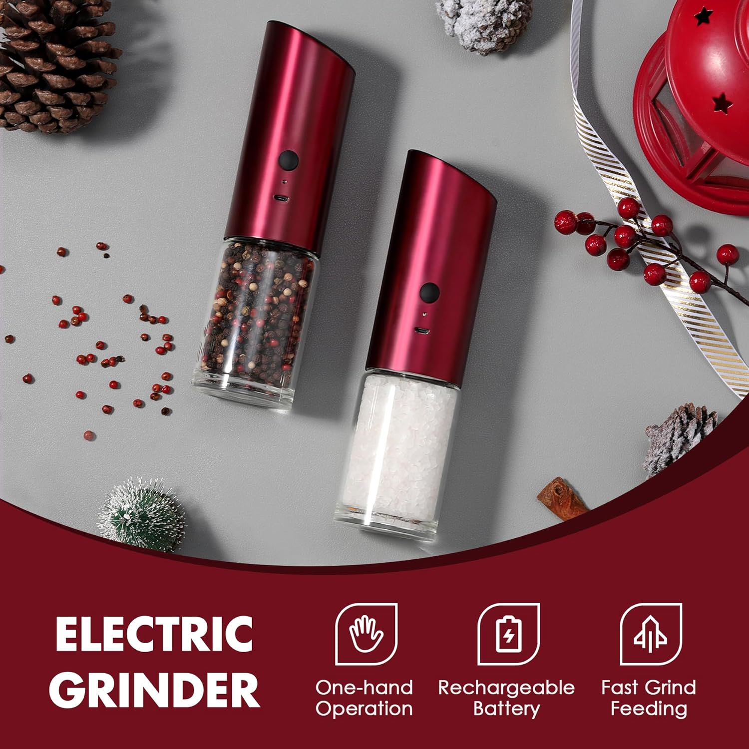 Vzaahu Gravity Electric Pepper and Salt Grinder Set of 2 - Rechargeable, Refillable, Adjustable Coarseness, Stainless Steel Seasalt Peppermill with LED light - One Hand Operation (Red) - Image 6