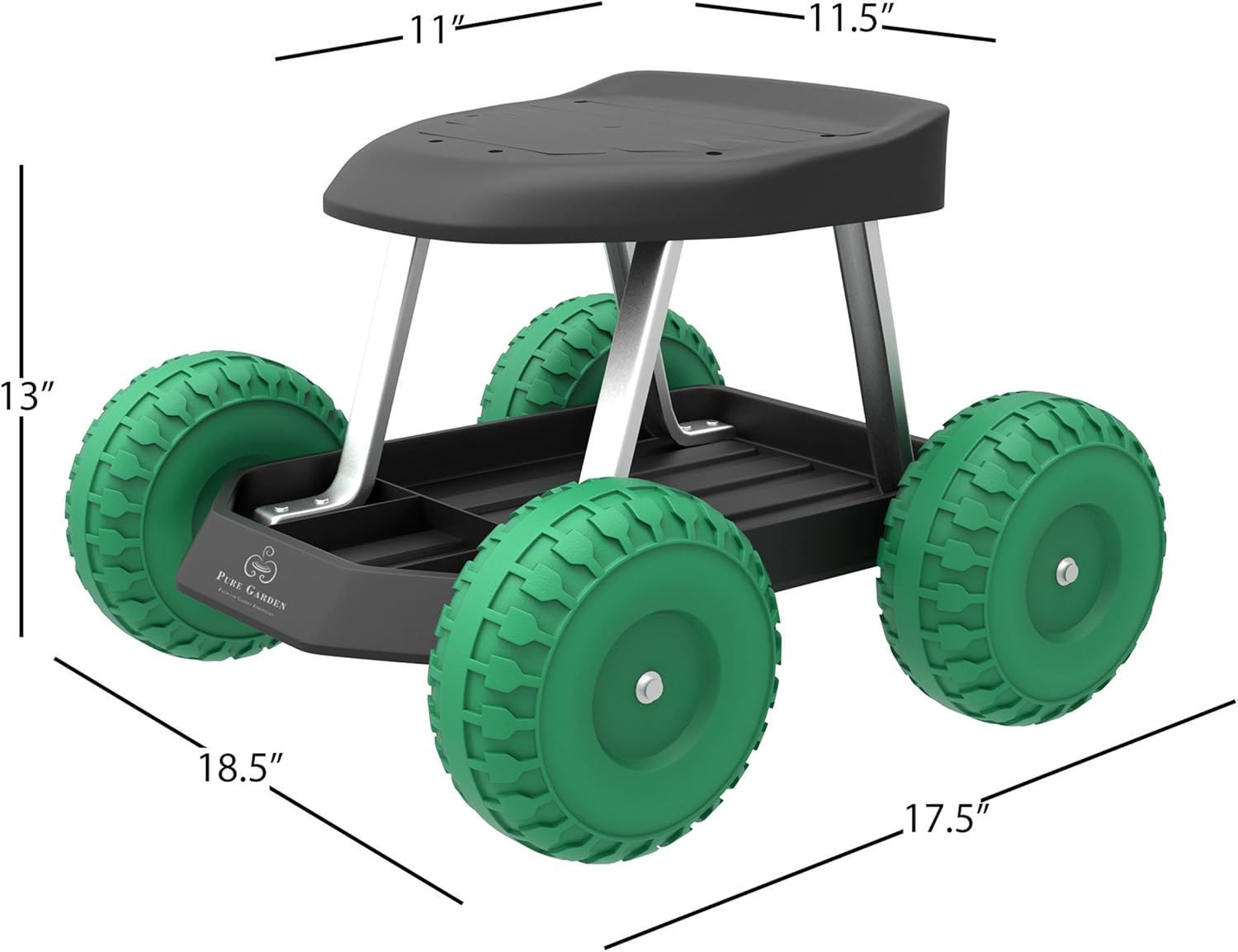 Garden Cart Rolling Stool Gardening Seat with Wheels and Tool Tray for Weeding, Planting, or Lawn Care Yard Tools by Pure Garden (Black and Green) - Image 4