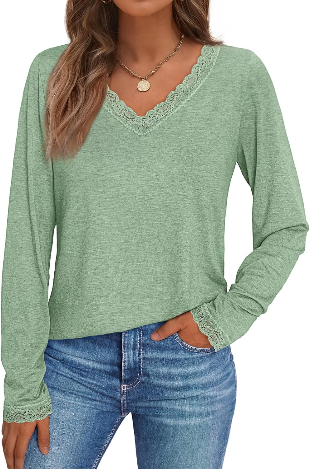 AUTOMET Long Sleeve T Shirts for Women Lace V Neck Casual Cute Tops Loose Fit Fall Winter Basic Clothing - Image 2