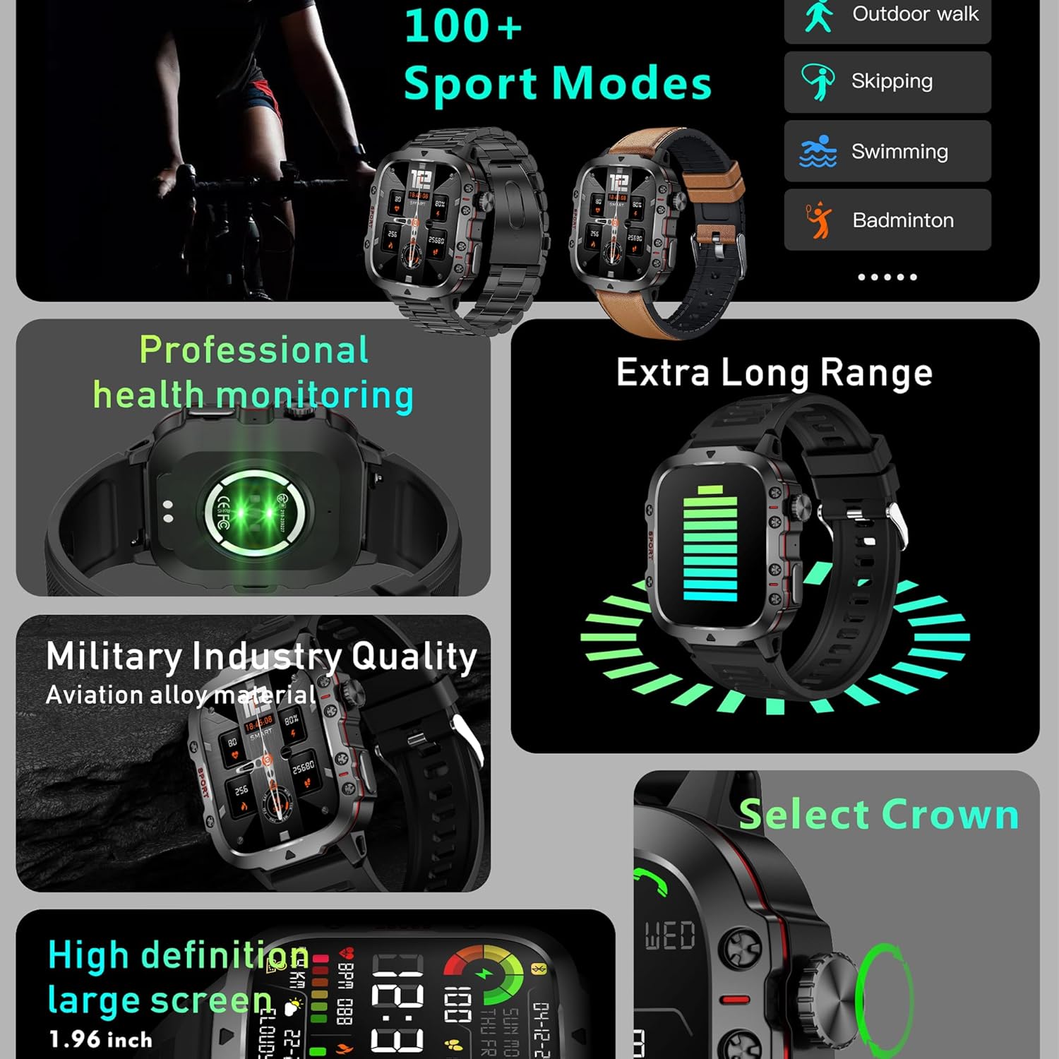 Military Smart Watch for Men(Answer/Dial Calls), 5ATM Waterproof Smartwatch Fitness Tracker for Android iPhone, 1.96" Activity Tracker with Heart Rate Sleep SpO2 Monitor, Calorie, 3 Straps (Brown) - Image 4