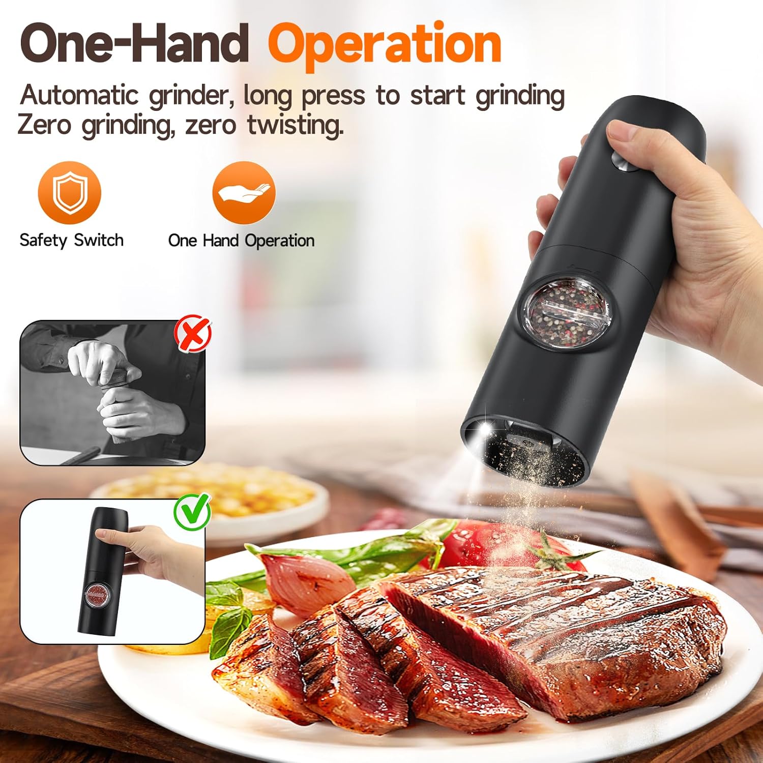 Electric Salt and Pepper Grinder Set (2 Pack), USB Rechargeable One Hand Operation, Adjustable Coarseness Mill Grinders Shakers LED Light, Automatic Pepper Grinder for Kitchen Gadgets Gifts - Image 4