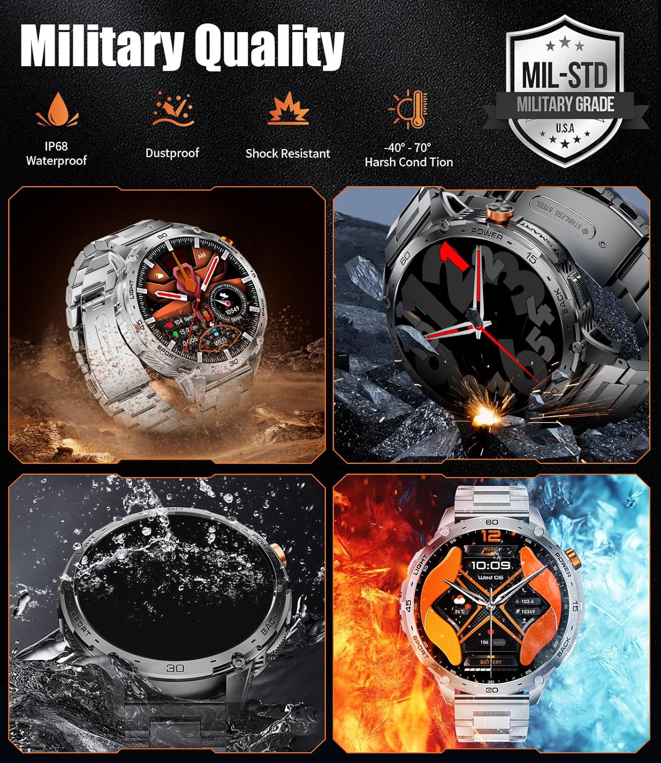 Smart Watch for Men with LED Flashlight(730mAh Battery), 1,75'' AMOLED Large Display Military Smart Watches with 130+ Sports, 24/7 Heart Rate/Sleep Monitor IP68 Waterproof for Android iOS Black - Image 5
