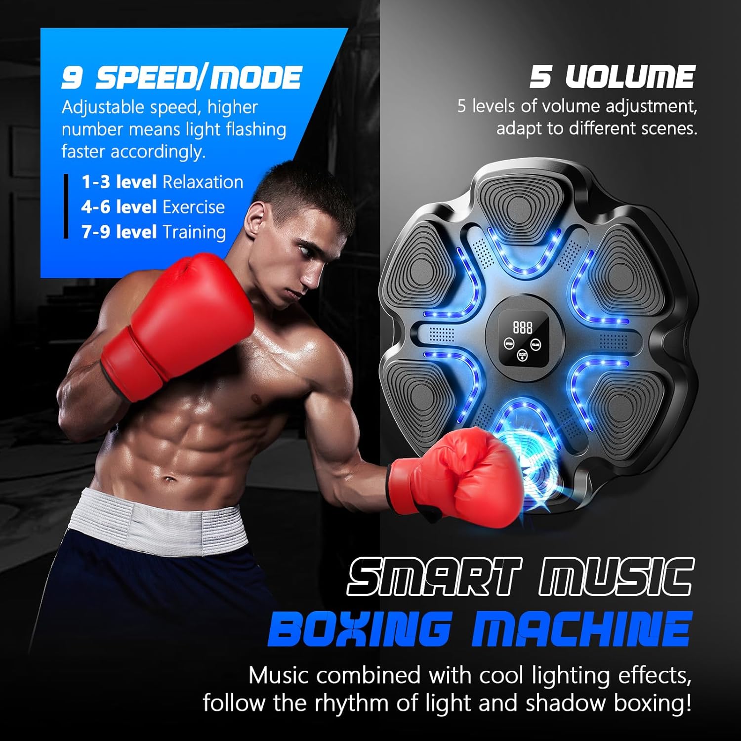 LED Music Boxing Machine, Smart Bluetooth Boxing Machine Wall Mounted with Boxing Gloves, 9 Modes & Speeds for Adults and Kids in Gym, Office, Home Indoor Music Boxing Target Trainer(Black) - Image 4