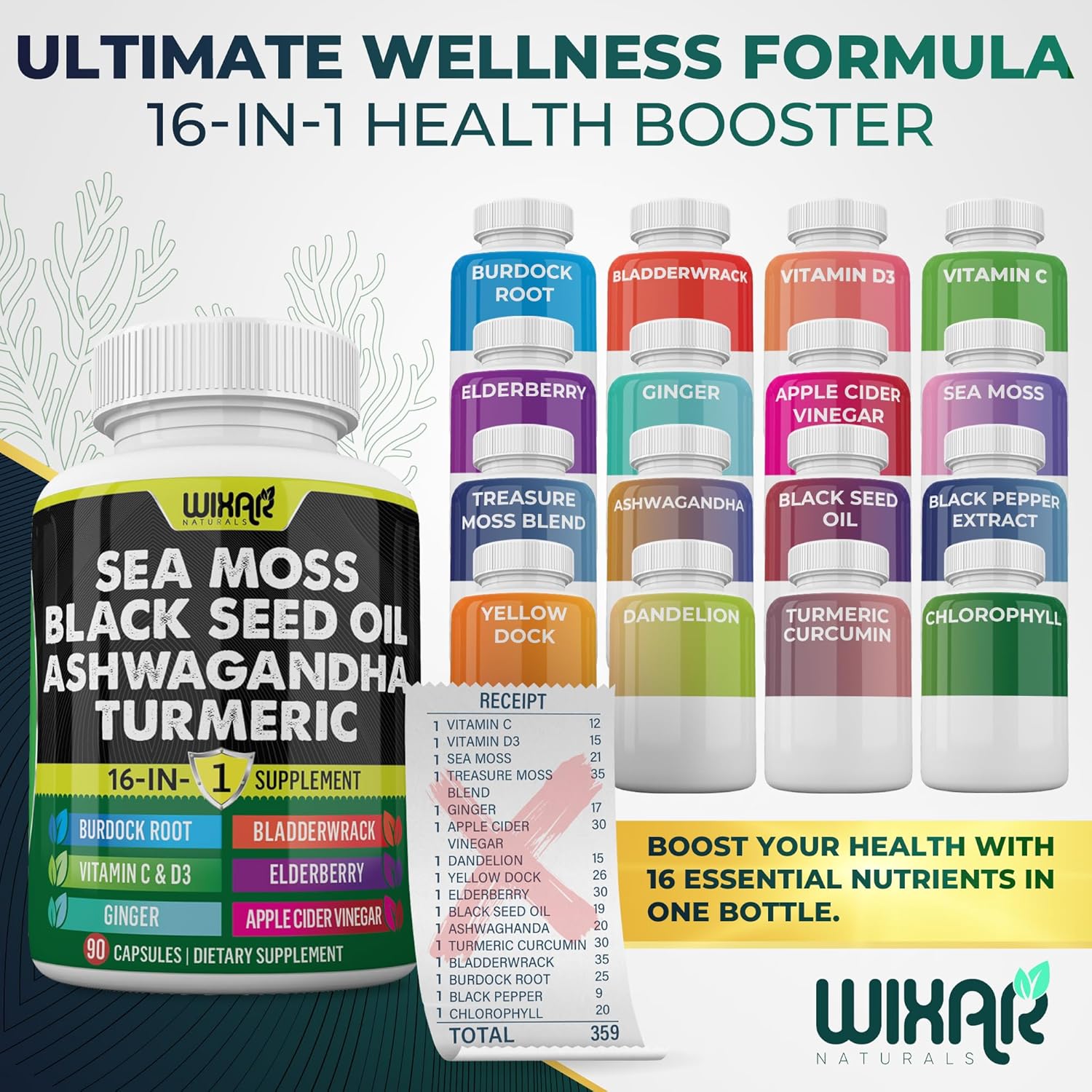 Wixar Sea Moss 3000mg Black Seed Oil 2000mg Ashwagandha 1000mg Turmeric 1000mg Bladderwrack 1000mg Burdock 1000mg & Vitamin C & D3 with Elderberry Dandelion Yellow Dock Chlorophyll ACV - 90 Capsules - Image 6