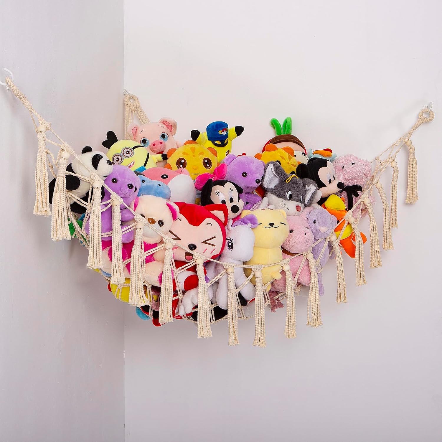 Stuffed Animals Hammock Corner Hanging Net with Wooden Beads Macrame Stuffed Animal Storage Ideas Plush Holder Toy Organizer for Boho Nursery Playroom Bedroom Kids Room Decor (cream, X-Large) - Image 2