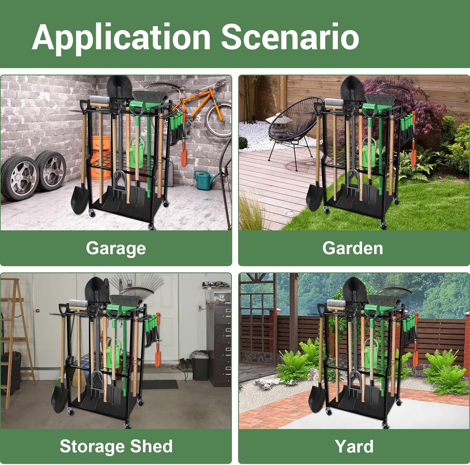 Garden Tool Organizer, Yard Organizer for Garage Organizer with Wheels, Up to 48 Long-Handled Tools/Rakes/Brooms, Heavy Duty Steel Garden Tool Stand for Shed, Outdoor, Black - Image 6