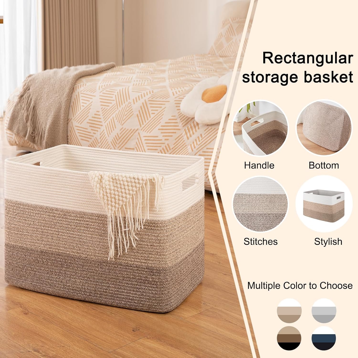 OIAHOMY 108L Super Large Blanket Basket, 25”x16”x16”(108L) Rectangle Woven Baskets for Storage, Cotton Rope Basket For Living Room, Toy Basket with Handle, Basket for Organizing- Gradient Brown - Image 6