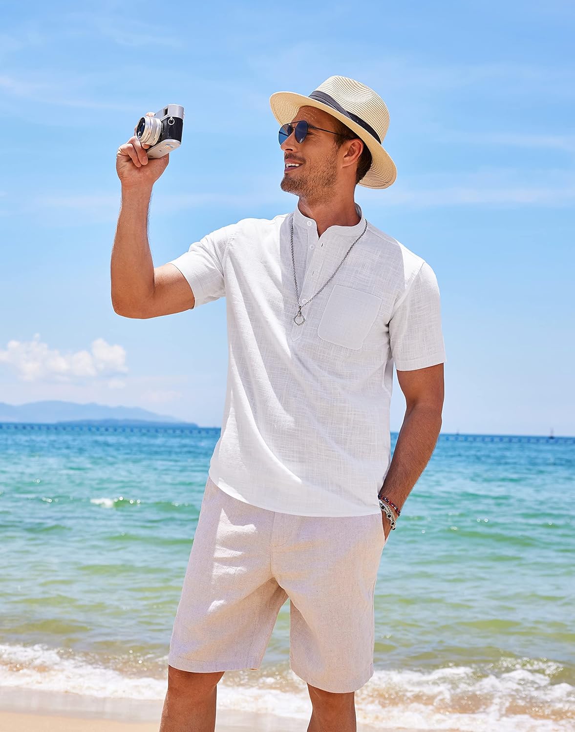 COOFANDY Men's Cotton Linen Henley Shirt Short Sleeve Hippie Casual Beach T-Shirts with Pocket - Image 7
