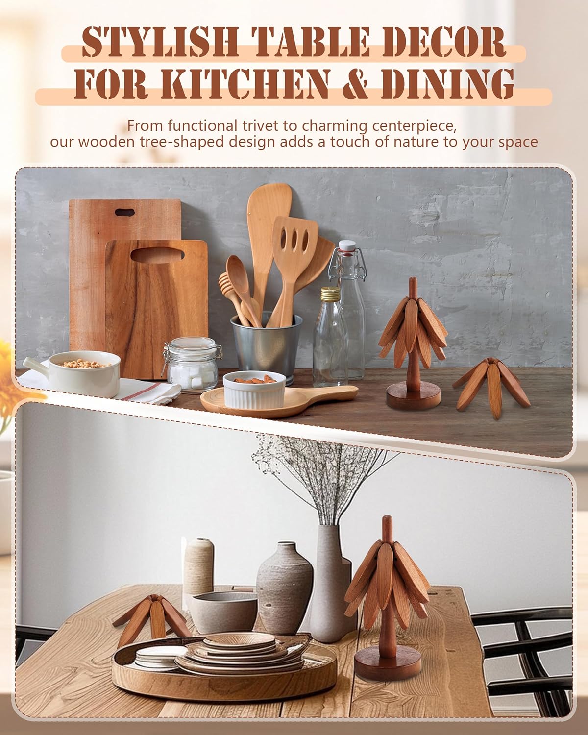 8 Inches Tree-Shaped Trivets, Collapsible Walnut Wood Place Mats for Hot Dishes Pans, Anti Stain Pot Holders for Kitchen Counter Table Home Essentials, 4PCS Wooden Coasters with Organising Holder - Image 7