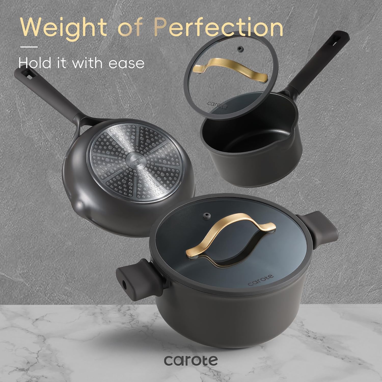 CAROTE 17pcs Pots and Pans Set Non Stick Dark Grey, Kitchen Cookware Set with Gold Trim, Premium Nonstick Pot and Pan, Induction Cookware - Image 7